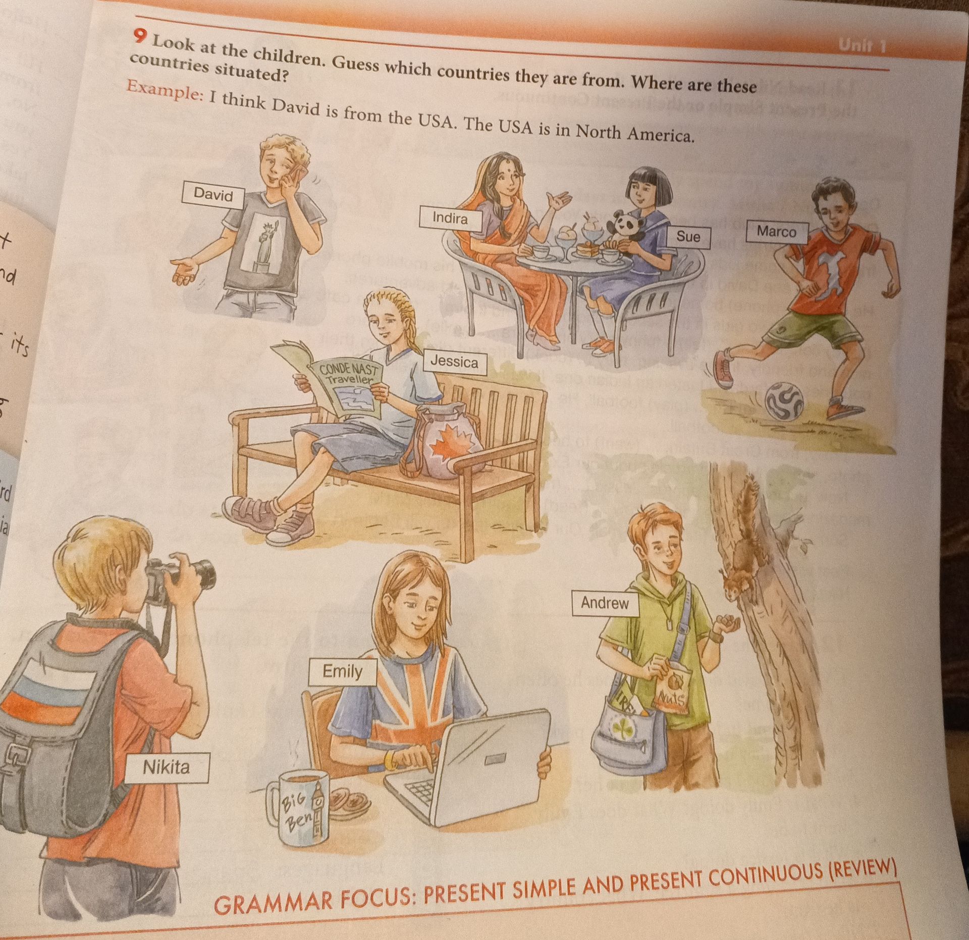 Фото задания: Look at the children. Guess which countries they are from. Where are these countries situated? Example: I think David is from…