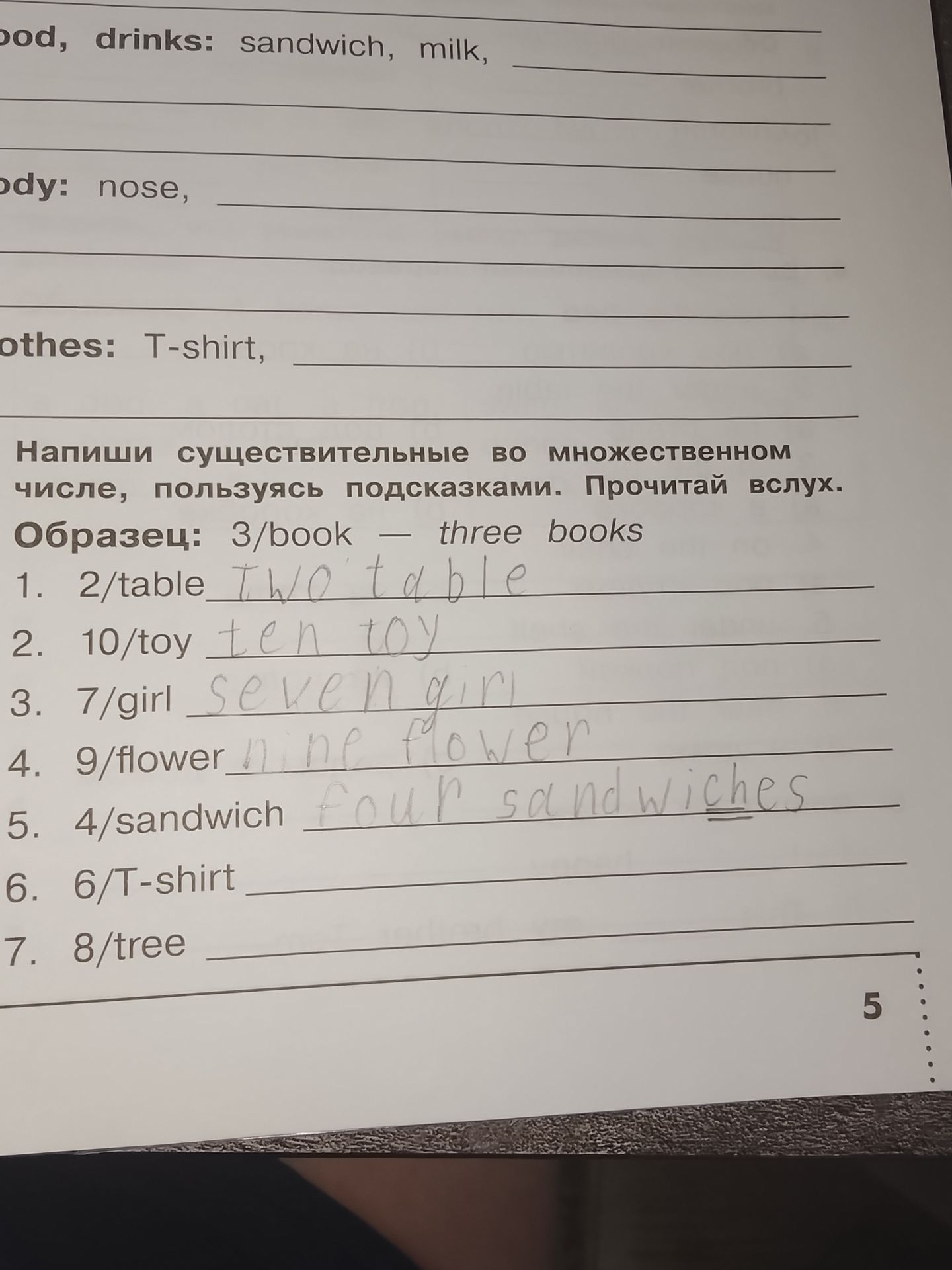 Фото задания: Напиши существительные во множественном числе, пользуясь подсказками. Прочитай вслух. Образец: 3/book — three books. 1.…