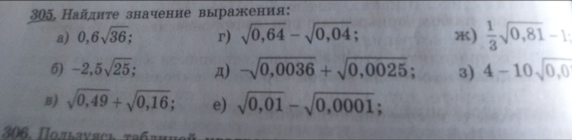 Фото задания: 305. Найдите значение выражения: а) 0,6√36; б) −2,5√25; в) √0,49 + √0,16; г) √0,64 − √0,04; д) −√0,0036 + √0,0025; е) √0,01 −…