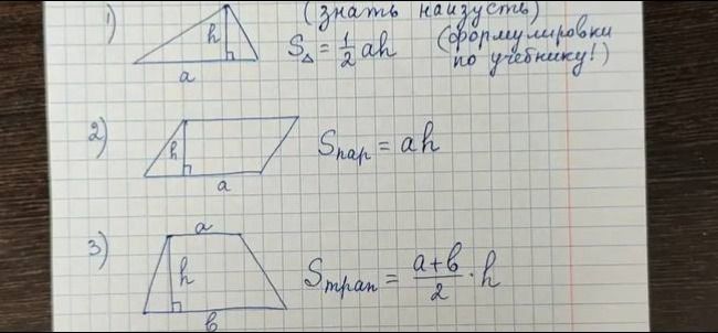 Фото задания: 2) Запомнить формулу площади параллелограмма: основание a, высота h.