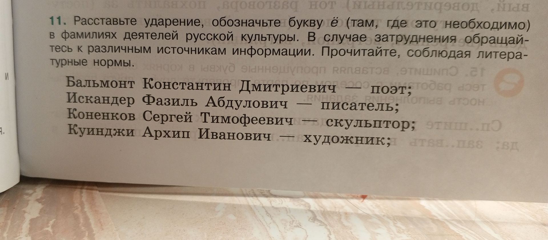 Фото задания: Расставьте ударение, обозначьте букву ё (там, где это необходимо) в фамилиях деятелей русской культуры. Бальмонт Константин…