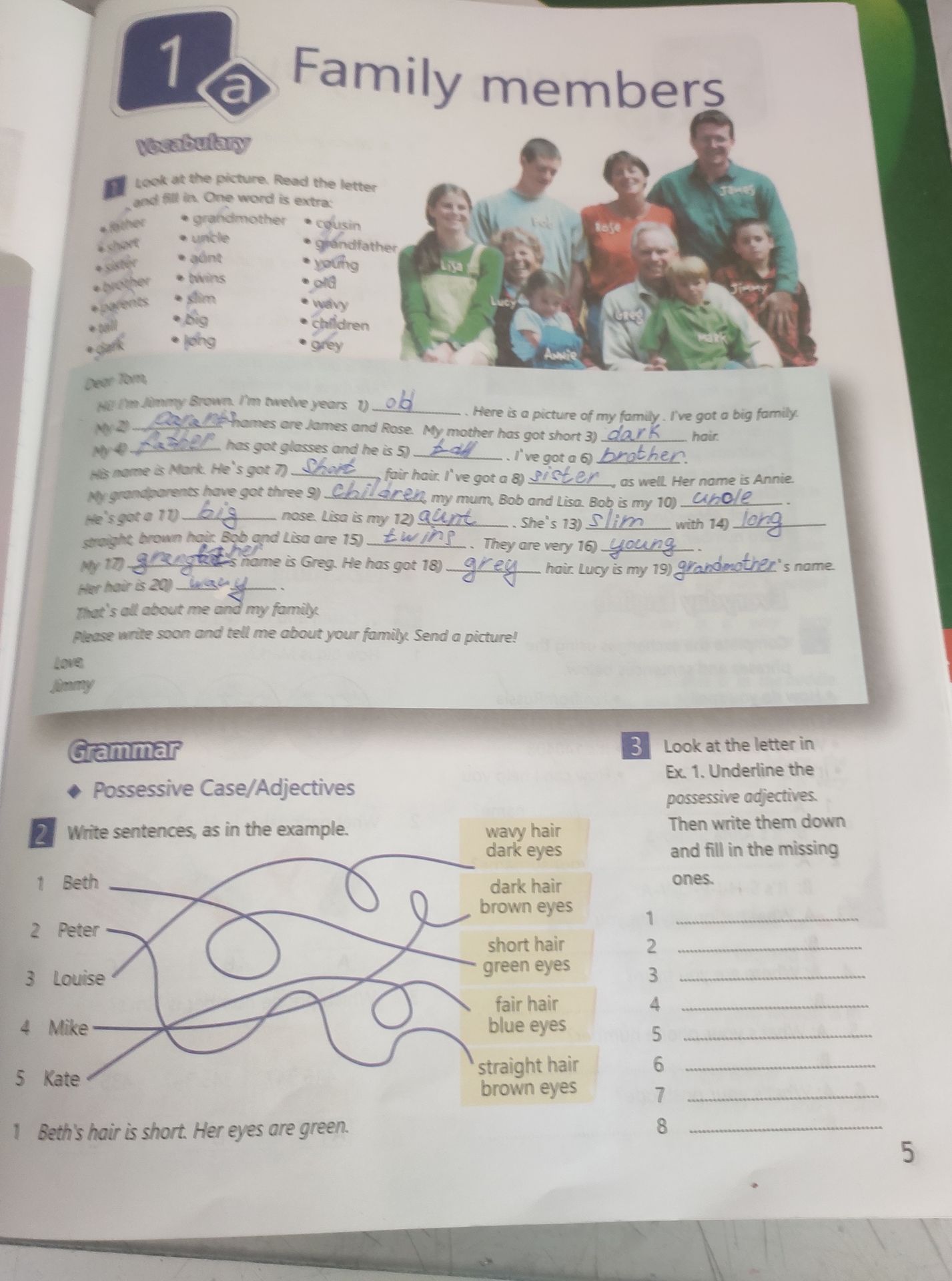 Фото задания: 2. Grammar. Possessive case/adjectives. Write sentences as in the example. Names: Beth, Peter, Louise, Mike, Kate.…