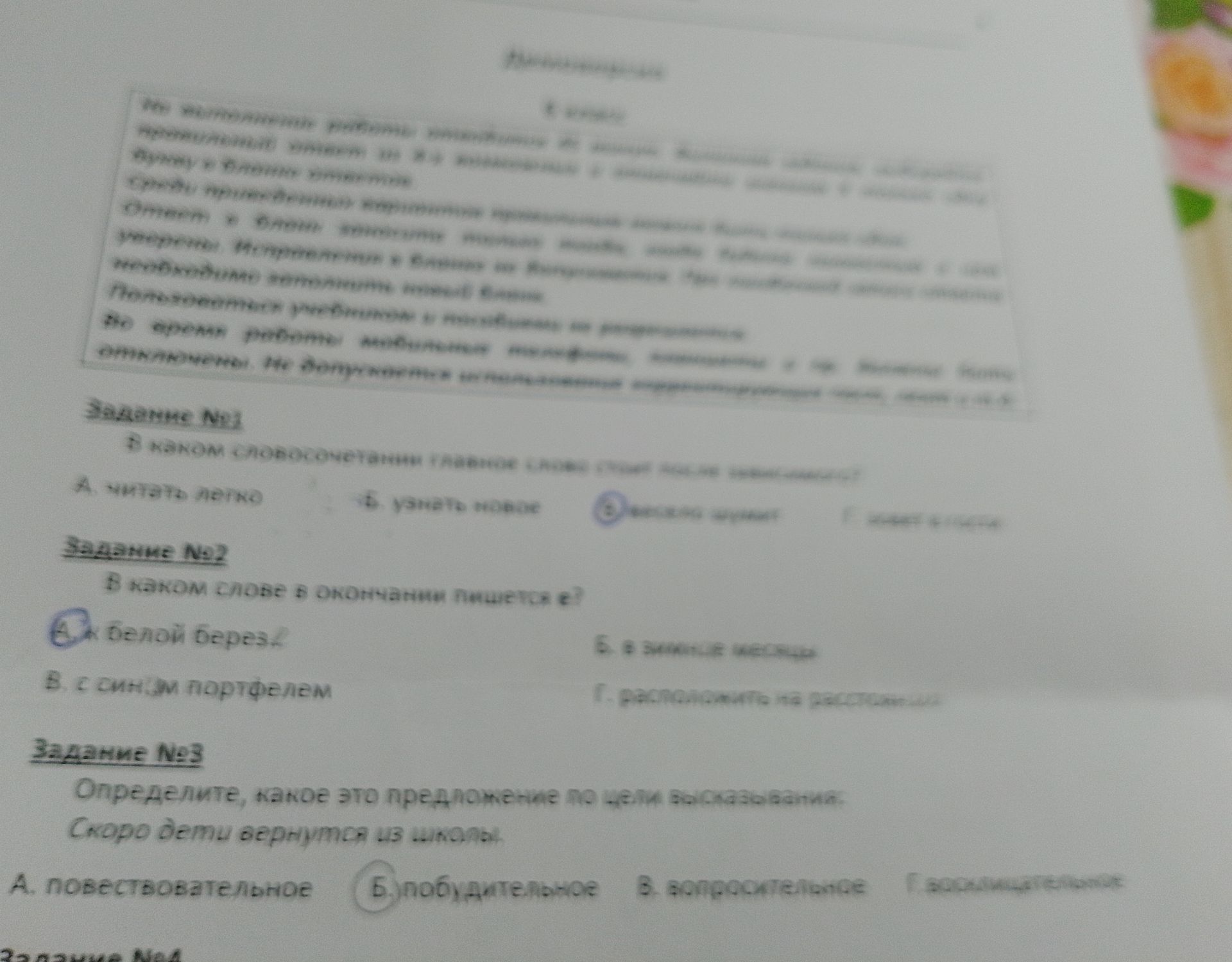 Фото задания: Задание №2. В каком слове в окончании пишется е? А. берёз[?]; Б. в зимн[?] лесу; В. с син[?] портфелем; Г. расскажите на…
