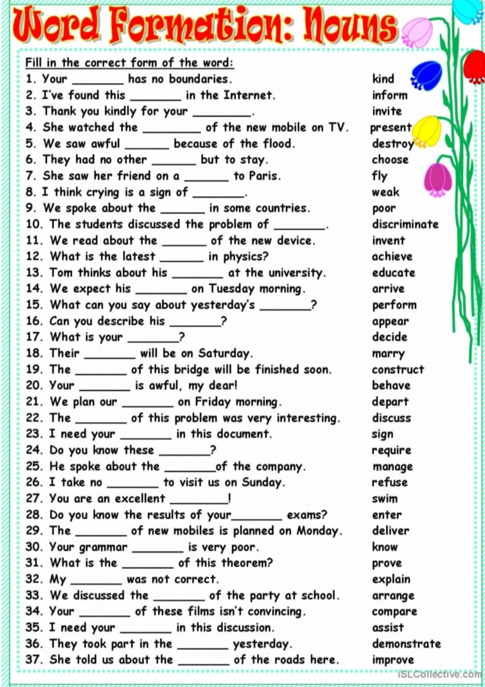 Фото задания: Word Formation: Nouns. Fill in the correct form of the word: 1. Your ______ has no boundaries. (kind) 2. I’ve found this…