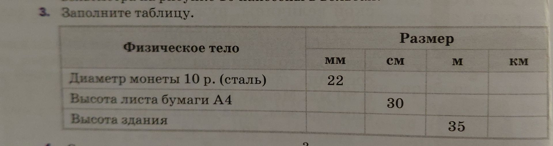 Фото задания: 3. Заполните таблицу. Физическое тело: Диаметр монеты 10 р. (сталь) — 22 мм; высота листа бумаги А4 — 30 см; высота здания…