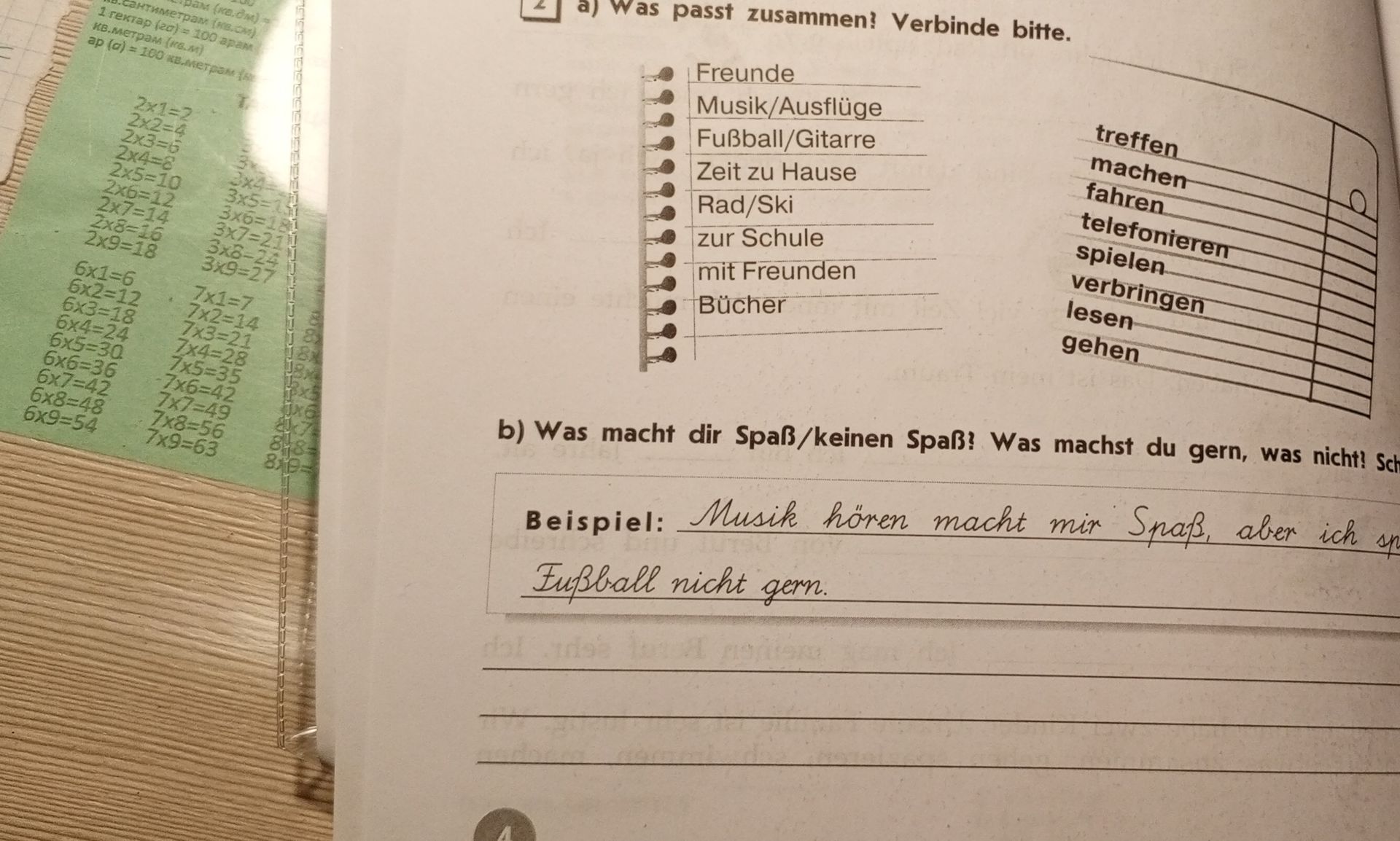 Фото задания: 2. a) Was passt zusammen? Verbinde bitte. Freunde; Musik/Ausflüge; Fußball/Gitarre; Zeit zu Hause; Rad/Ski; zur Schule; mit…