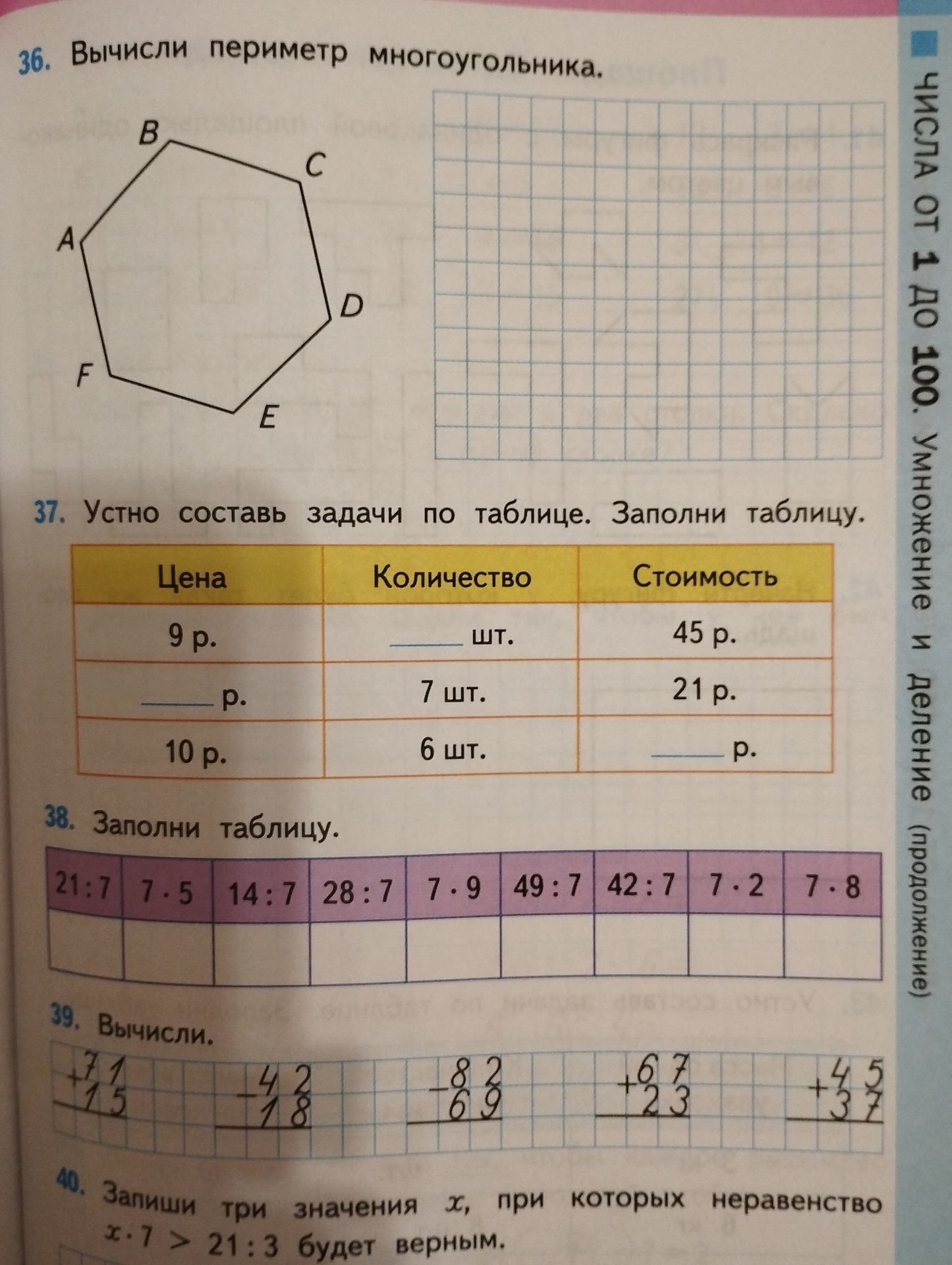 Фото задания: 37. Устно составь задачи по таблице. Заполни таблицу. Цена: 9 р.; Количество: ___ шт.; Стоимость: 45 р. Цена: ___ р.;…