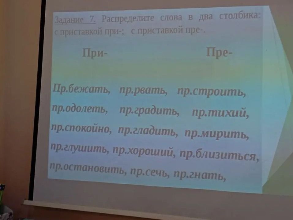 Фото задания: Задание 7. Распределите слова в два столбика: с приставкой при-; с приставкой пре-: прибежать, прервать, пристроить,…