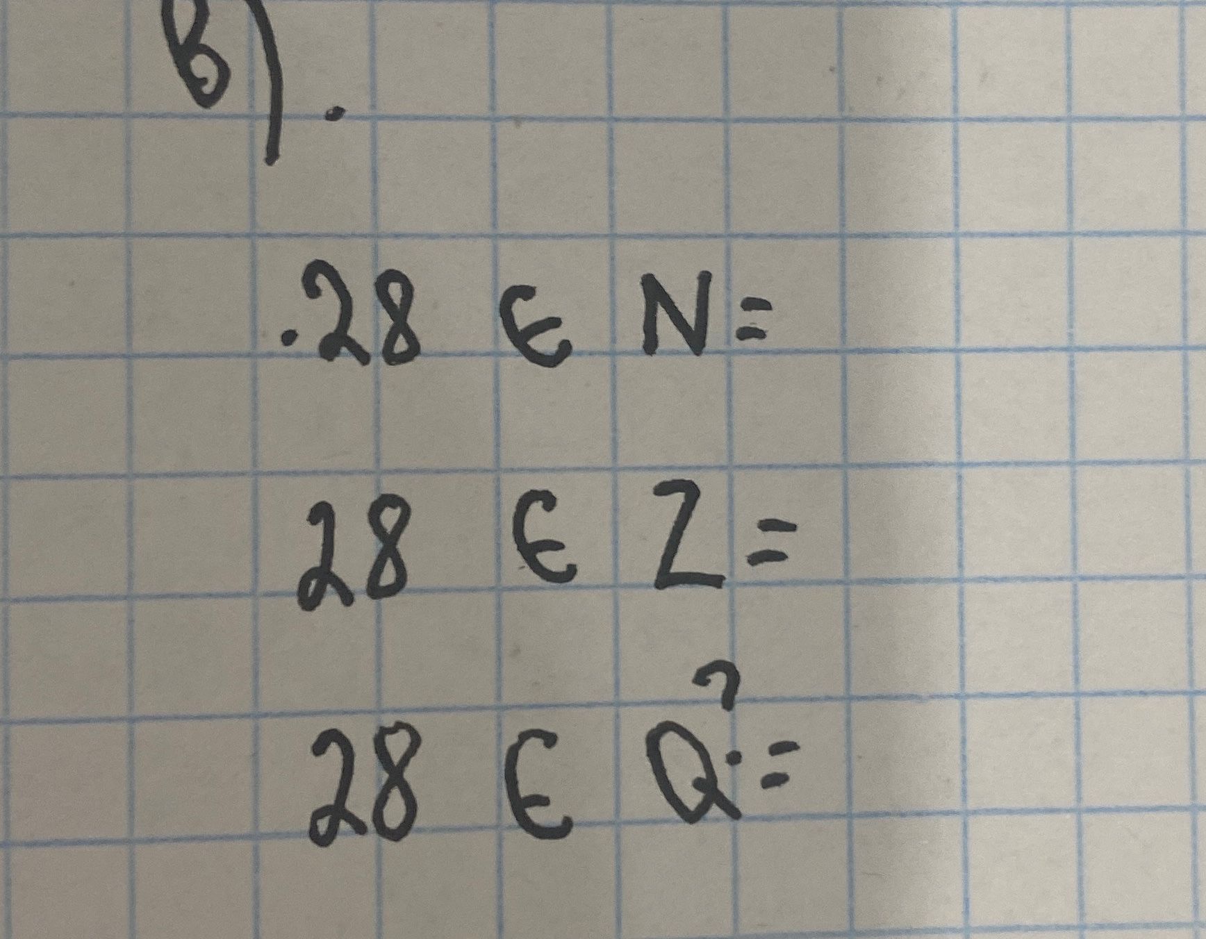Фото задания: 28 ∈ N = ; 28 ∈ Z = ; 28 ∈ Q =