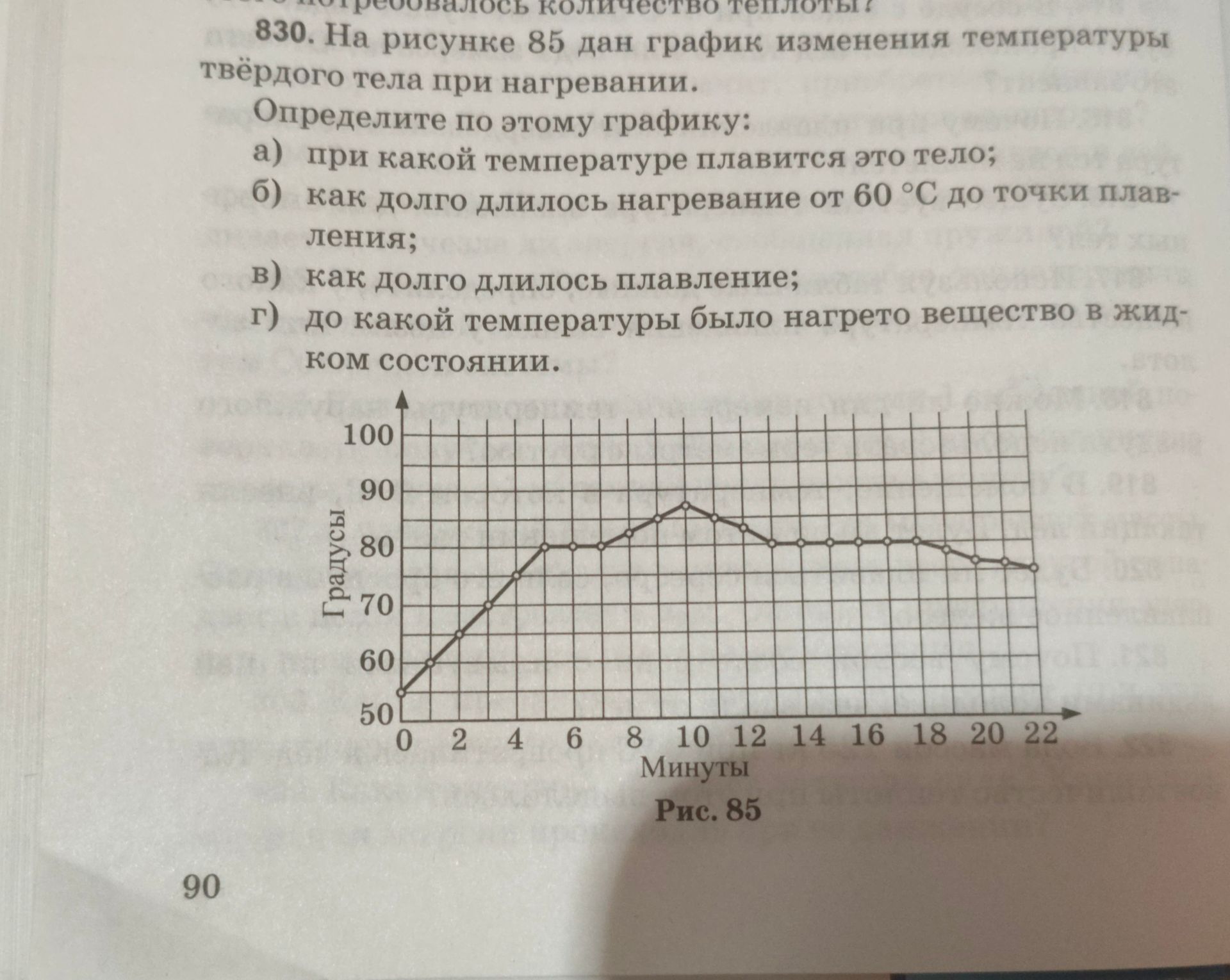 Фото задания: 830. На рисунке 85 дан график изменения температуры твёрдого тела при нагревании. Определите по этому графику: а) при какой…