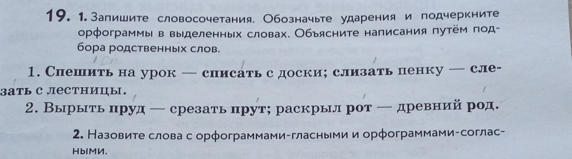 Фото задания: 1. Спешить на урок — списать с доски; слизать пенку — слезать с лестницы. Запишите словосочетания. Обозначьте ударения и…