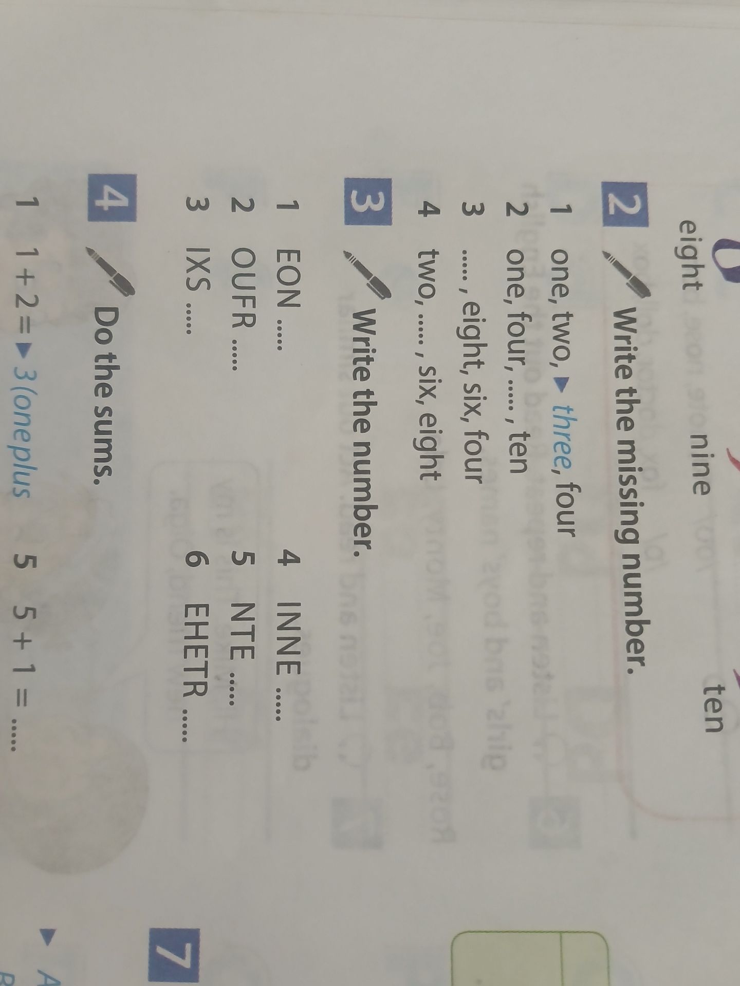 Фото задания: 4. Do the sums. 1) 1 + 2 = ____ 5) 5 + 1 = ____