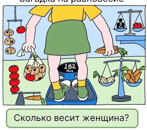 Фото задания: Сколько весит женщина? На рисунке женщина стоит на весах, которые показывают 182 lbs.