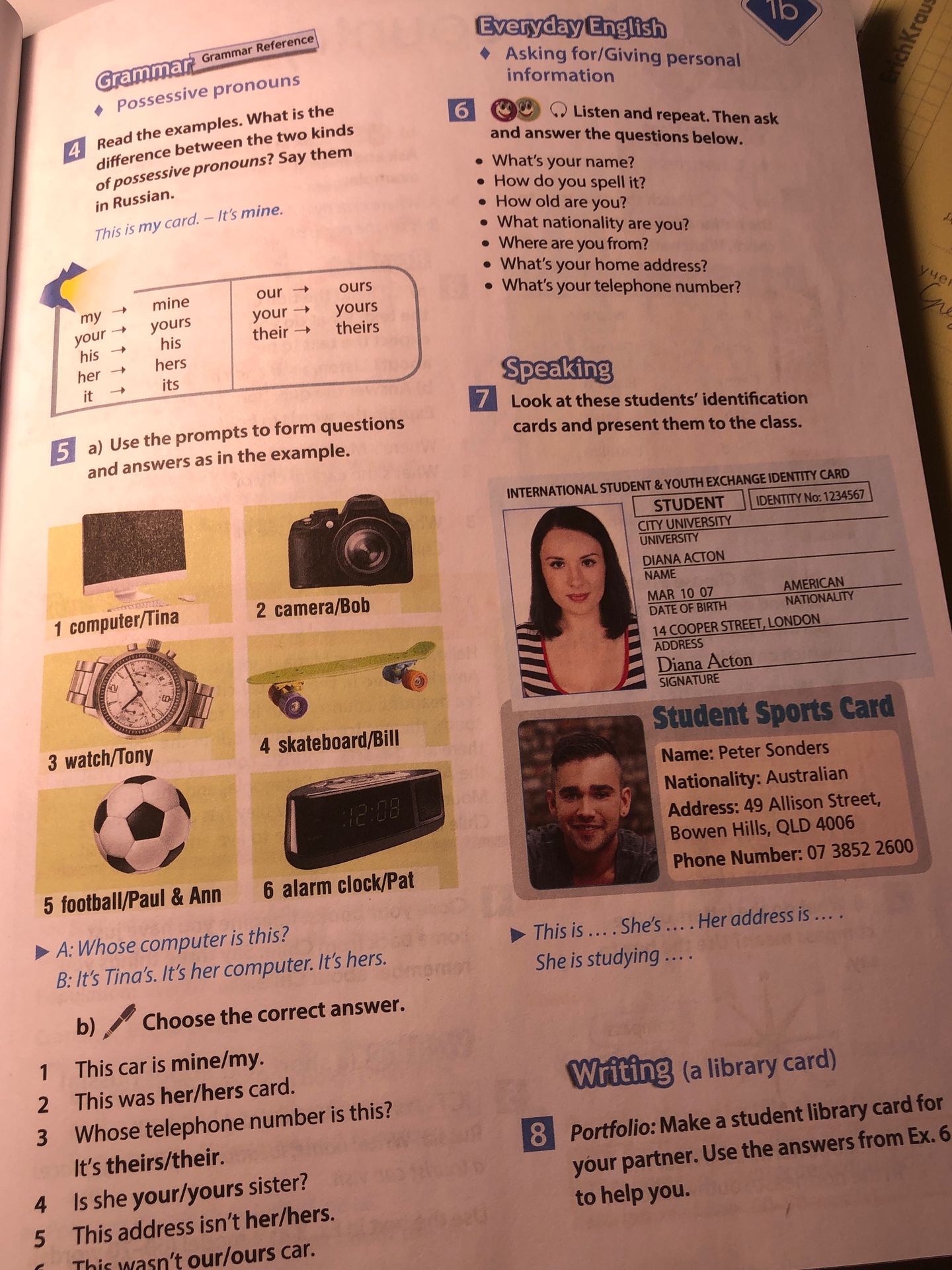 Фото задания: 8. Portfolio: Make a student library card for your partner. Use the answers from Ex. 6 to help you.