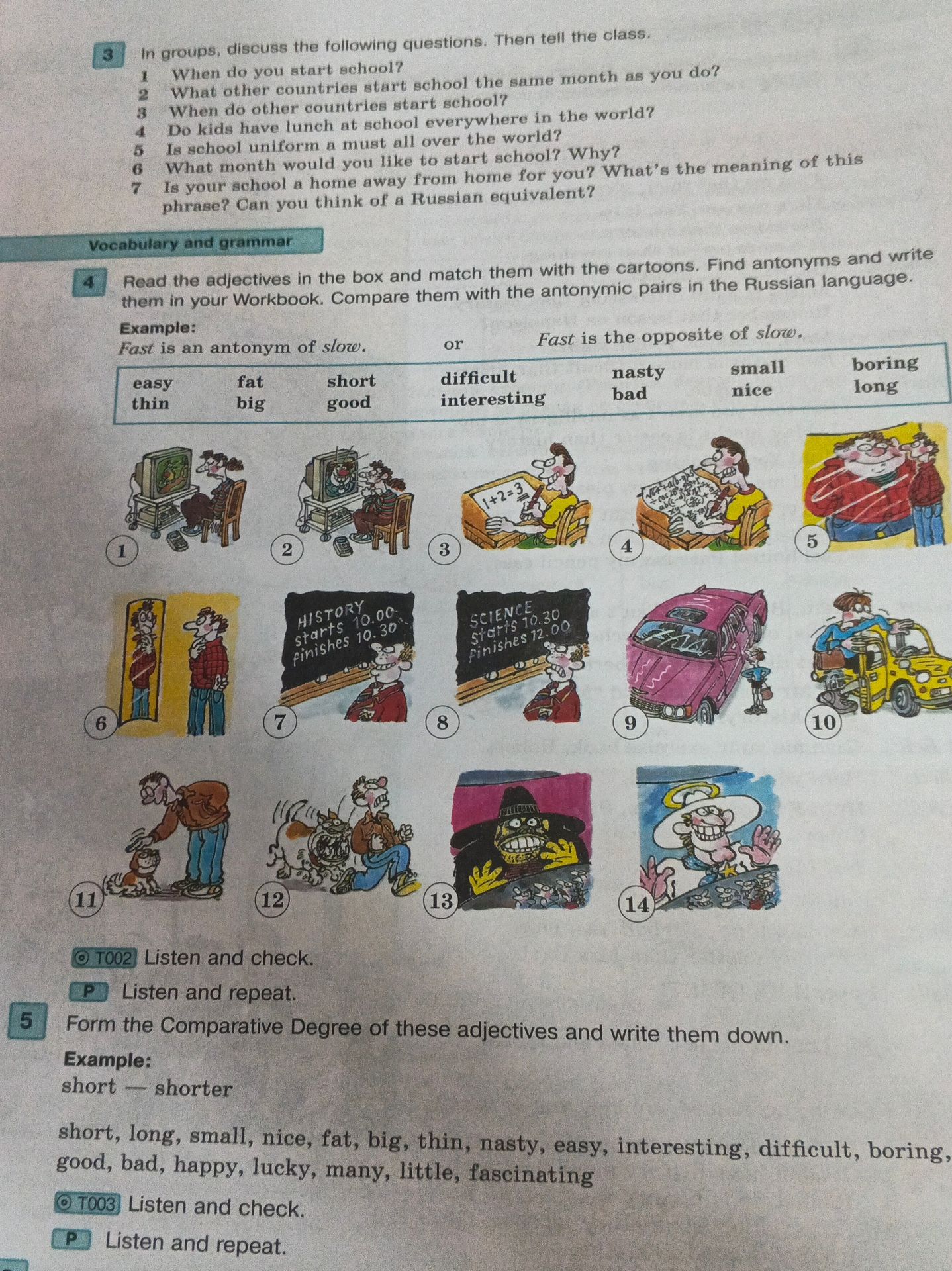 Фото задания: 4. Read the adjectives in the box and match them with the cartoons. Find antonyms and write them in your Workbook. Compare…