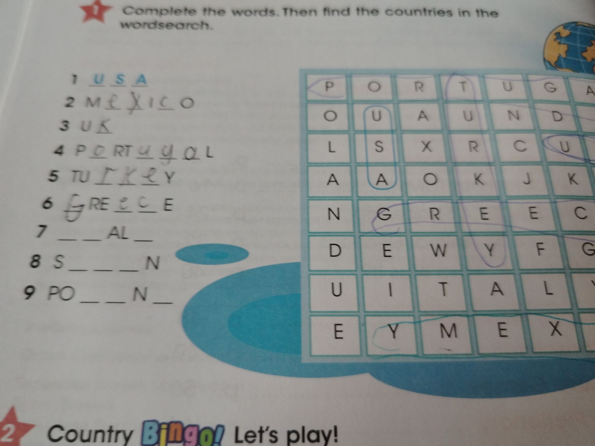 Фото задания: Complete the words. Then find the countries in the wordsearch. 1 USA 2 MEXICO 3 UK 4 PORTUGAL 5 TURKEY 6 GREECE 7 __AL_ 8…