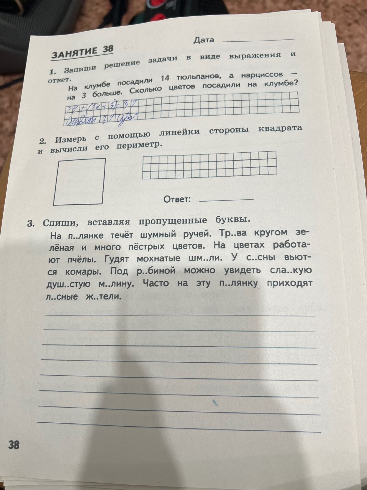 Фото задания: 3. Спиши, вставляя пропущенные буквы. На п..ляนке течёт шумный ручей. Тр..ва кругом зелёная и много пёстрых цветов. На цветах…