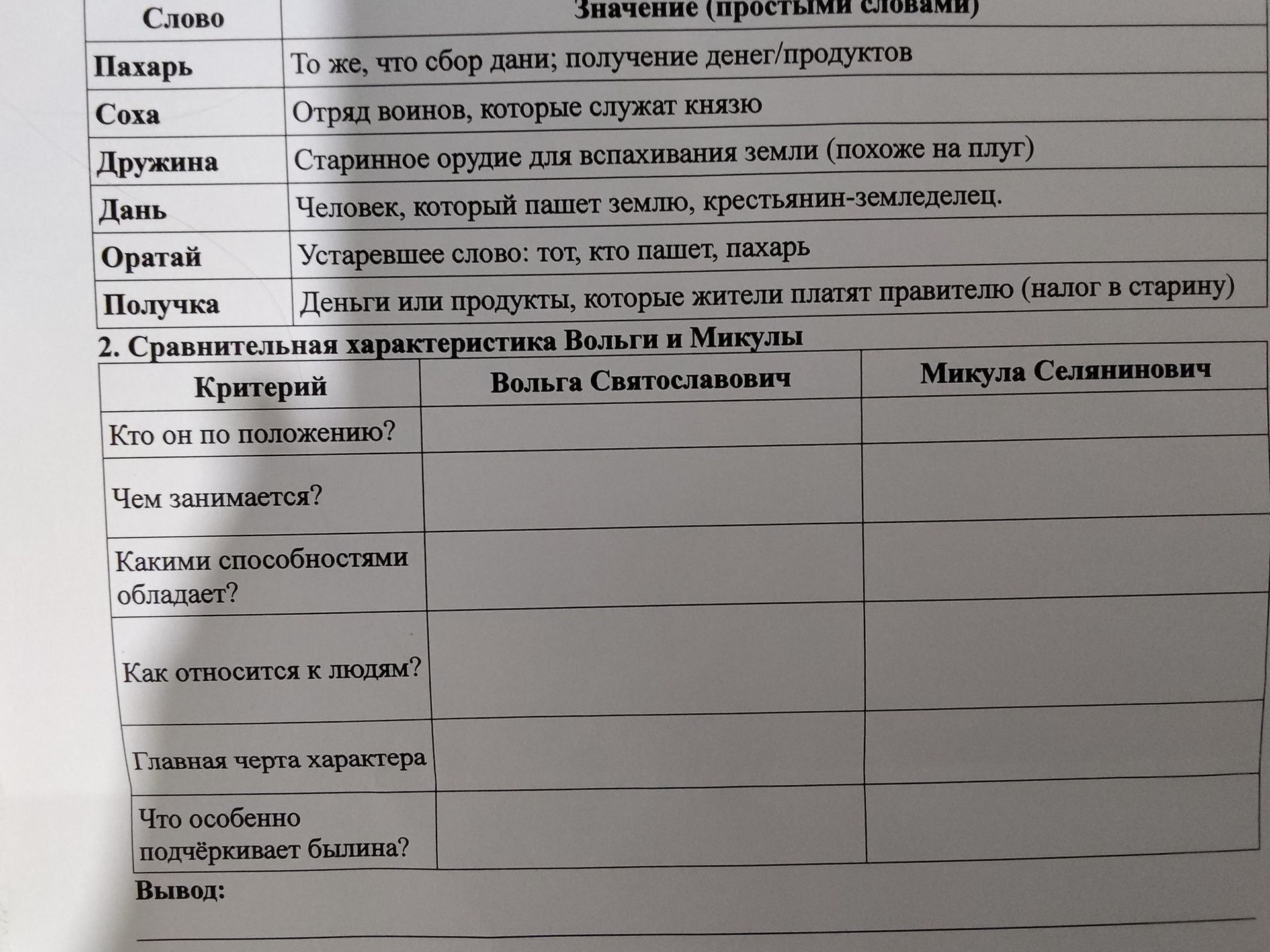 Фото задания: 1. Соотнесите слова и их значения: Пахарь, Соха, Дружина, Дань, Оратай, Получка.
