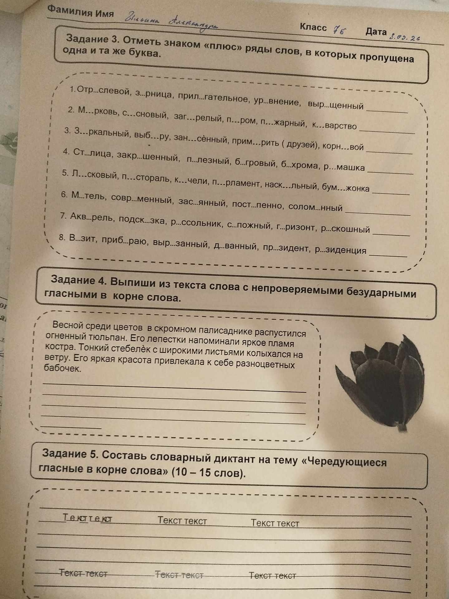 Фото задания: Задание 5. Составь словарный диктант на тему «Чередующиеся гласные в корне слова» (10–15 слов).