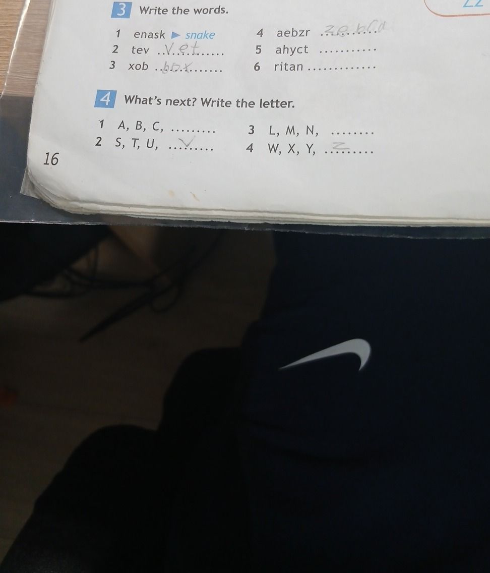 Фото задания: 3. Write the words. 1) enask → snake 2) tev 3) xob 4) aebzr 5) ahyct 6) ritan