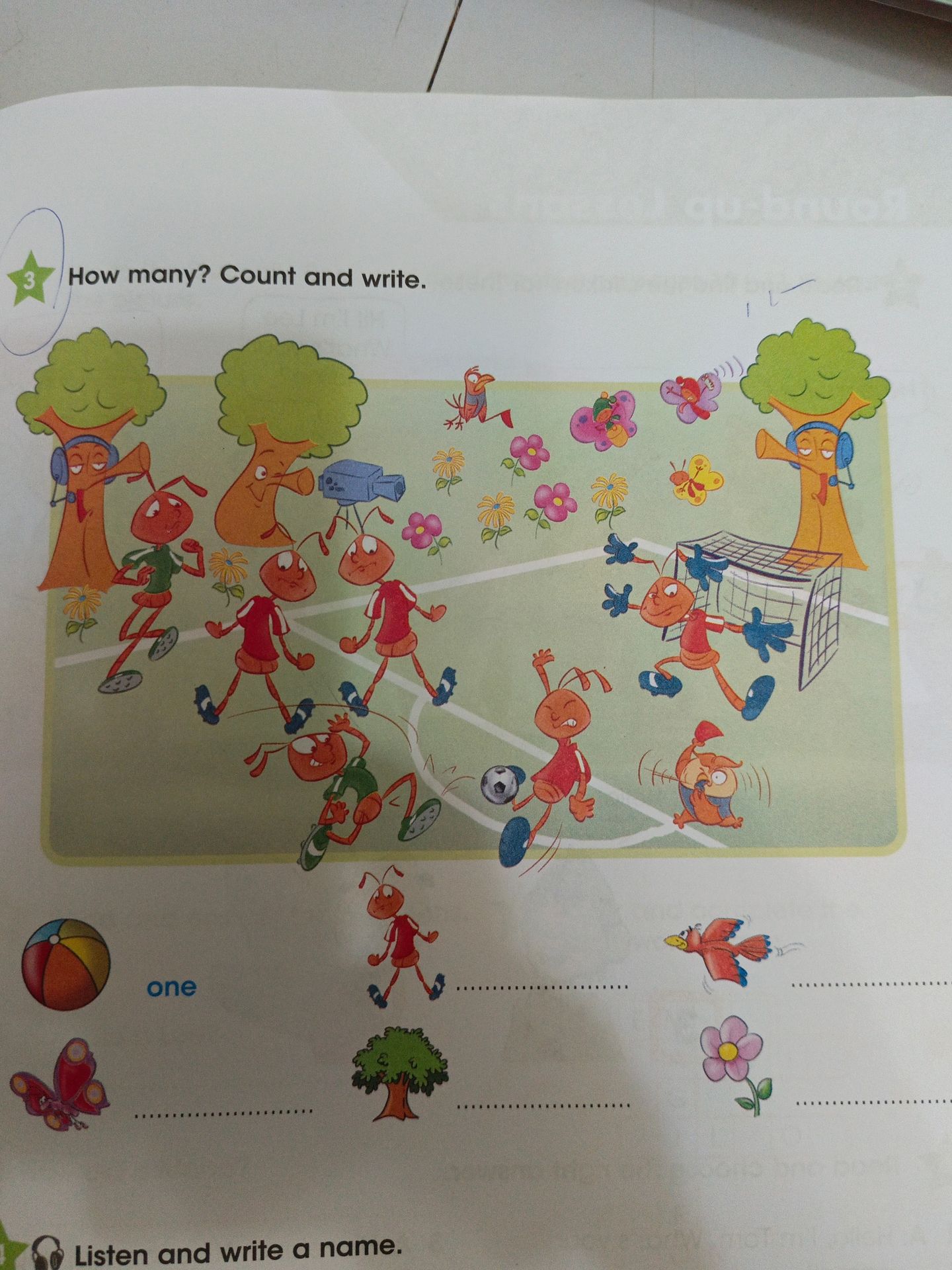 Фото задания: How many? Count and write. Count the ants, birds, trees and flowers shown in the picture.