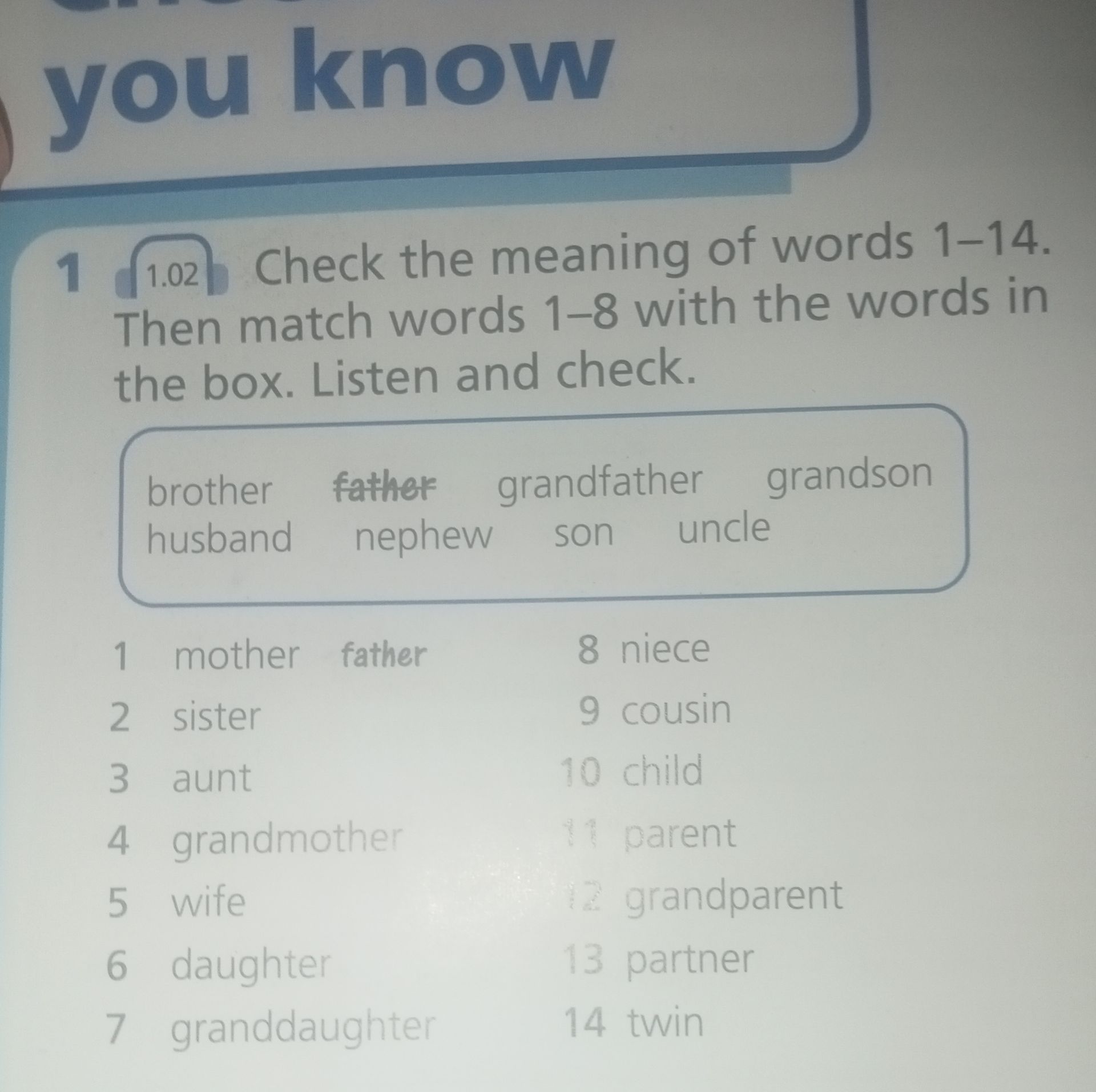 Фото задания: Check the meaning of words 1–14. Then match words 1–8 with the words in the box. Listen and check. Box: brother, father,…