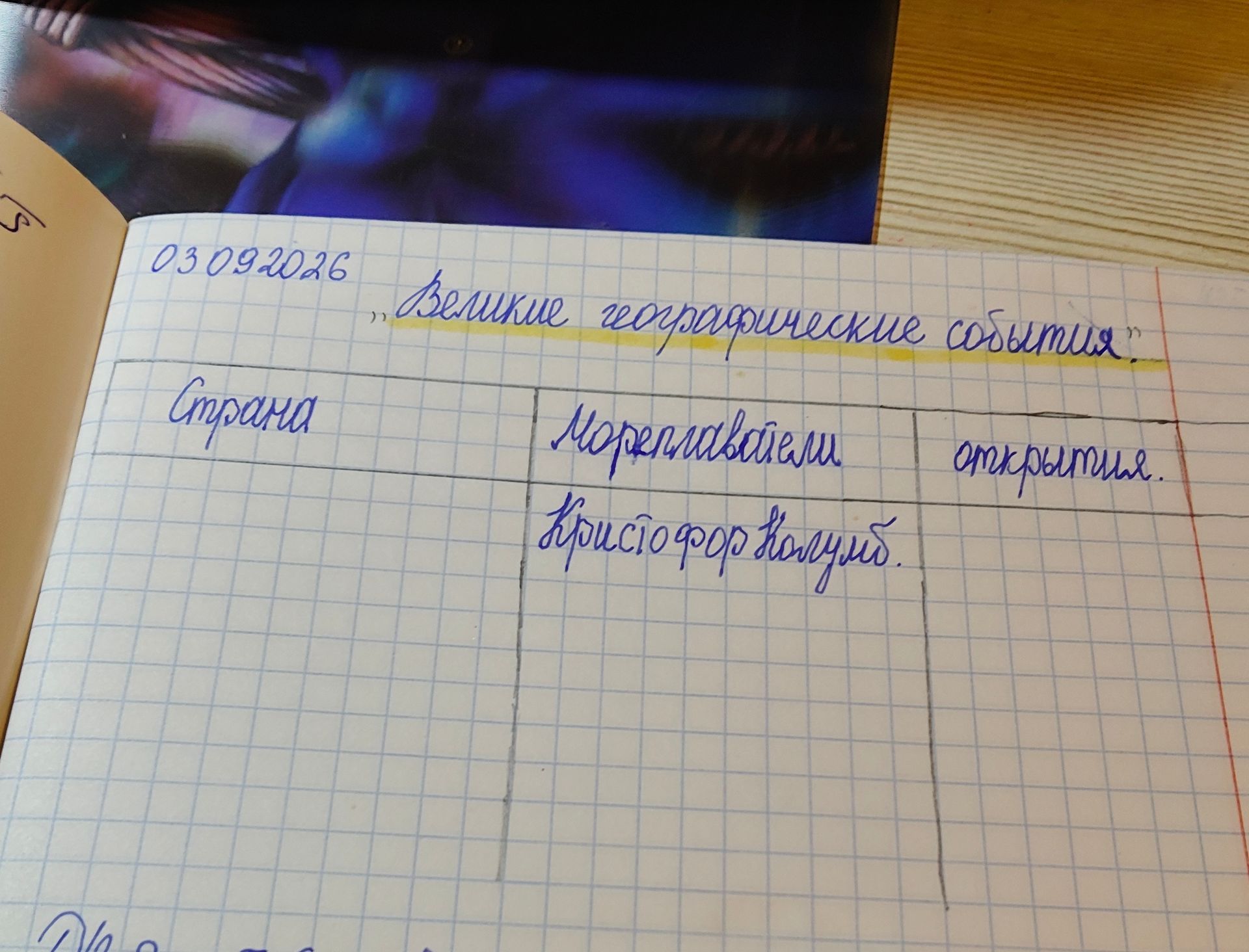 Фото задания: «Великие географические события». Заполнить таблицу: «Страна» — «Мореплаватели» — «Открытия».