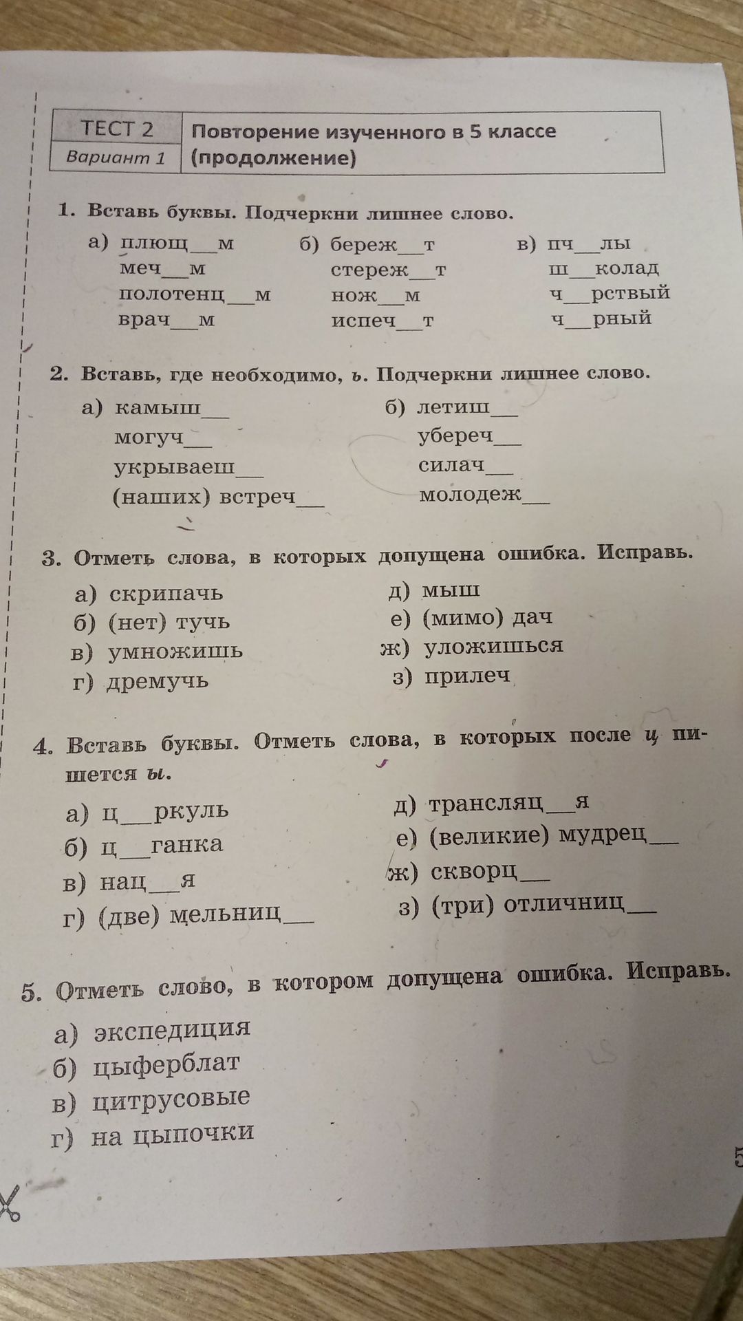 Фото задания: 3. Отметь слова, в которых допущена ошибка. Исправь. а) скрипачь; б) (нет) тучь; в) умножишь; г) дремучь; д) мышь; е)…