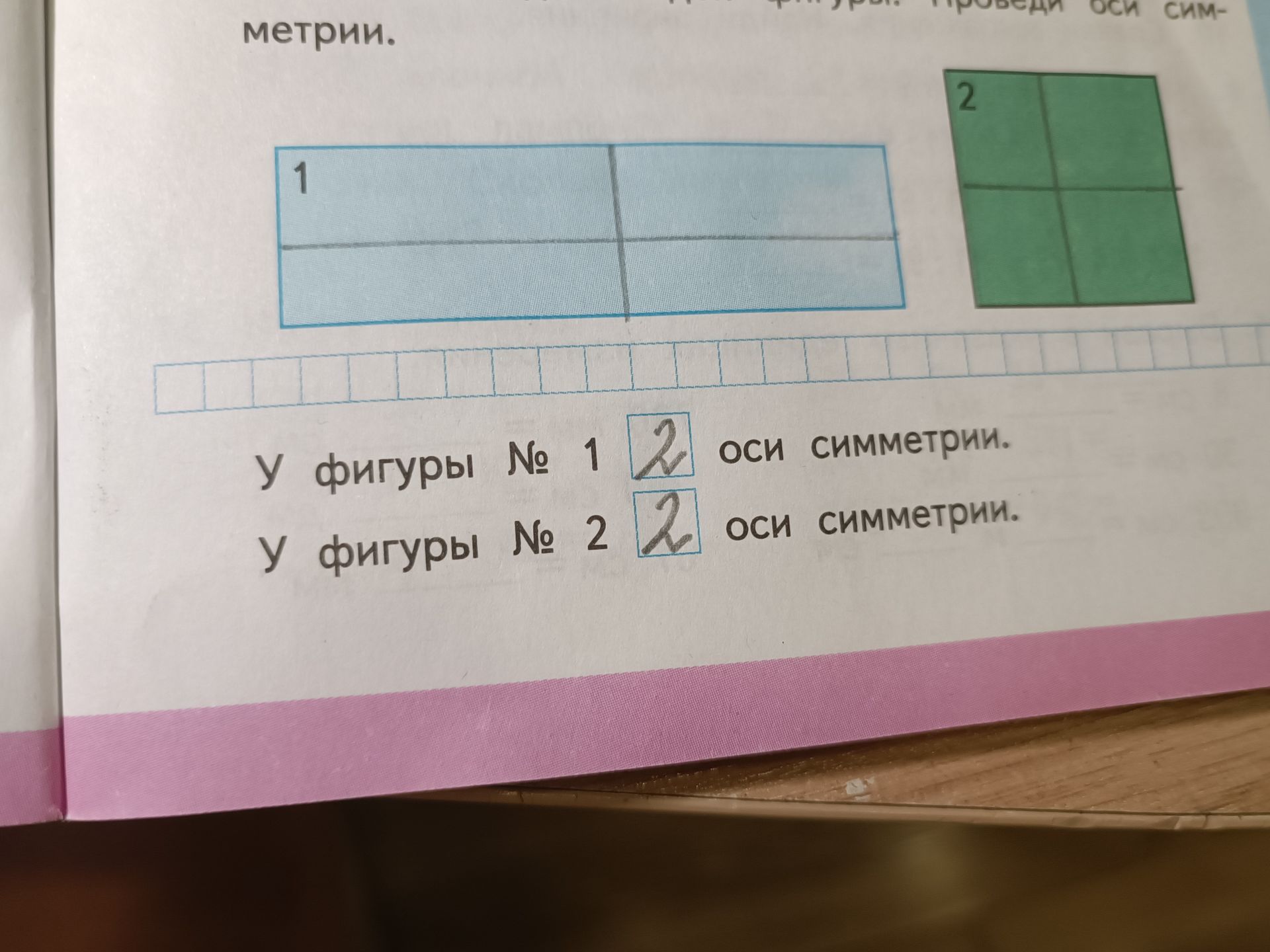 Фото задания: Проведи оси симметрии. У фигуры № 1 и у фигуры № 2 укажи количество осей симметрии.