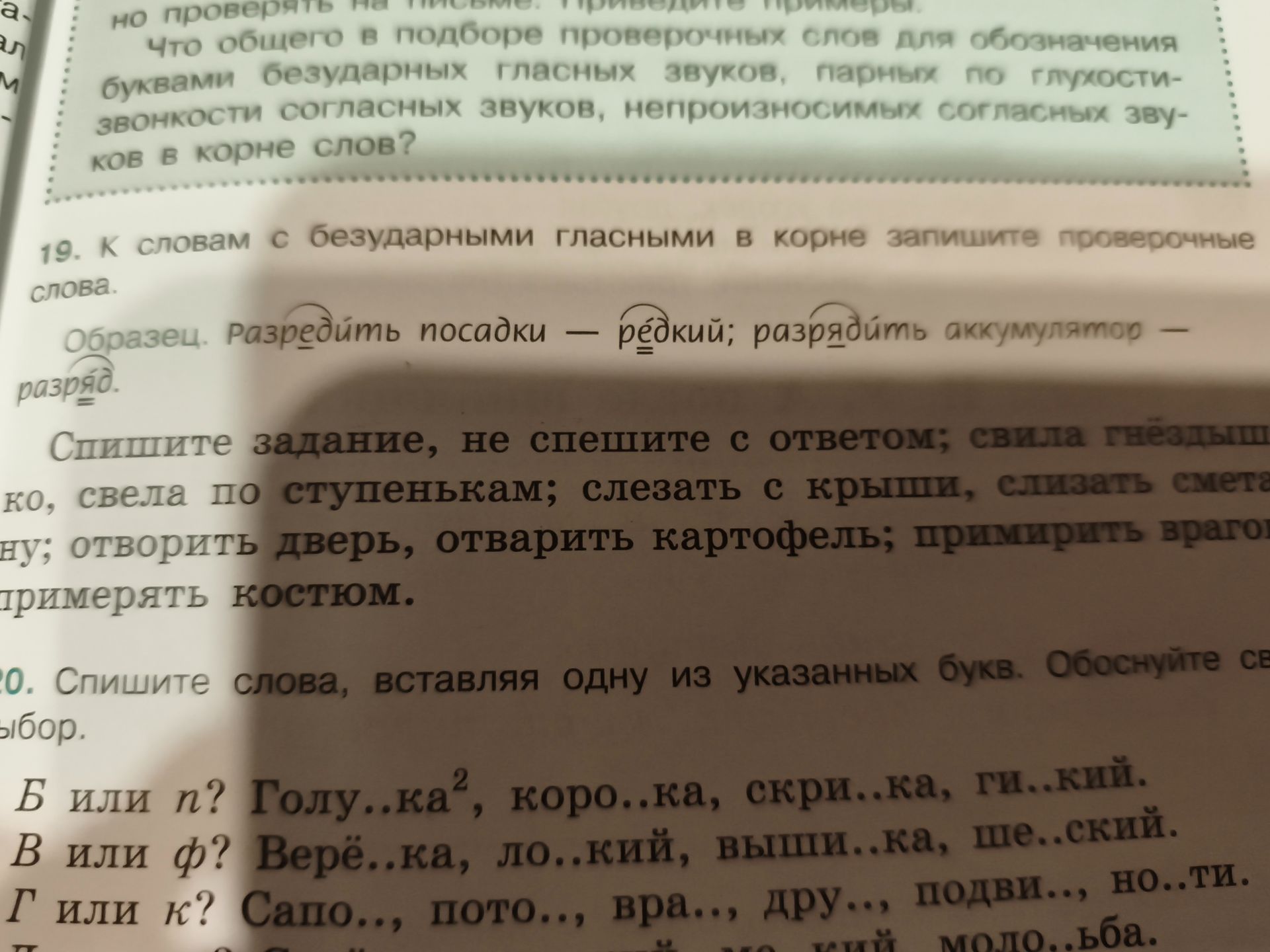 Фото задания: 20. Спишите слова, вставляя одну из указанных букв. Б или п? Голу...ка², коро...ка, скри...ка, ги...кий. В или ф?…