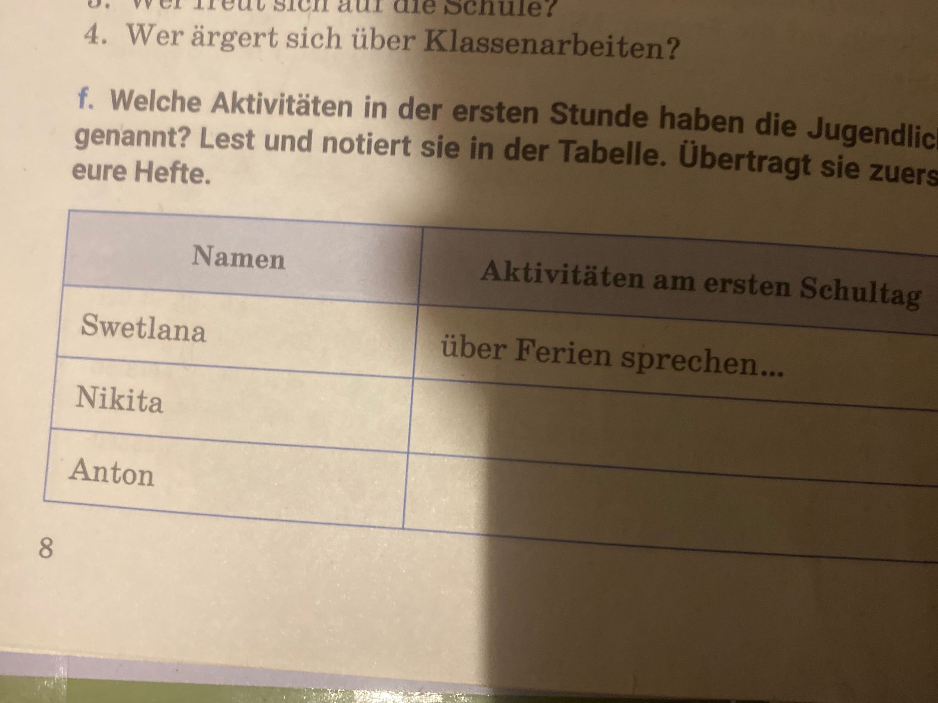 Фото задания: f. Welche Aktivitäten in der ersten Stunde haben die Jugendlichen genannt? Lest und notiert sie in der Tabelle. Übertragt sie…