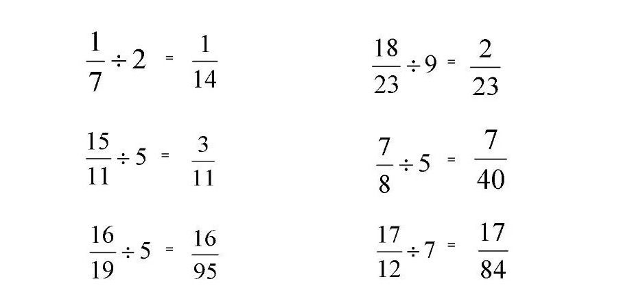 Фото задания: Вычислите: 1/7 ÷ 2; 18/23 ÷ 9; 15/11 ÷ 5; 7/8 ÷ 5; 16/19 ÷ 5; 17/12 ÷ 7.
