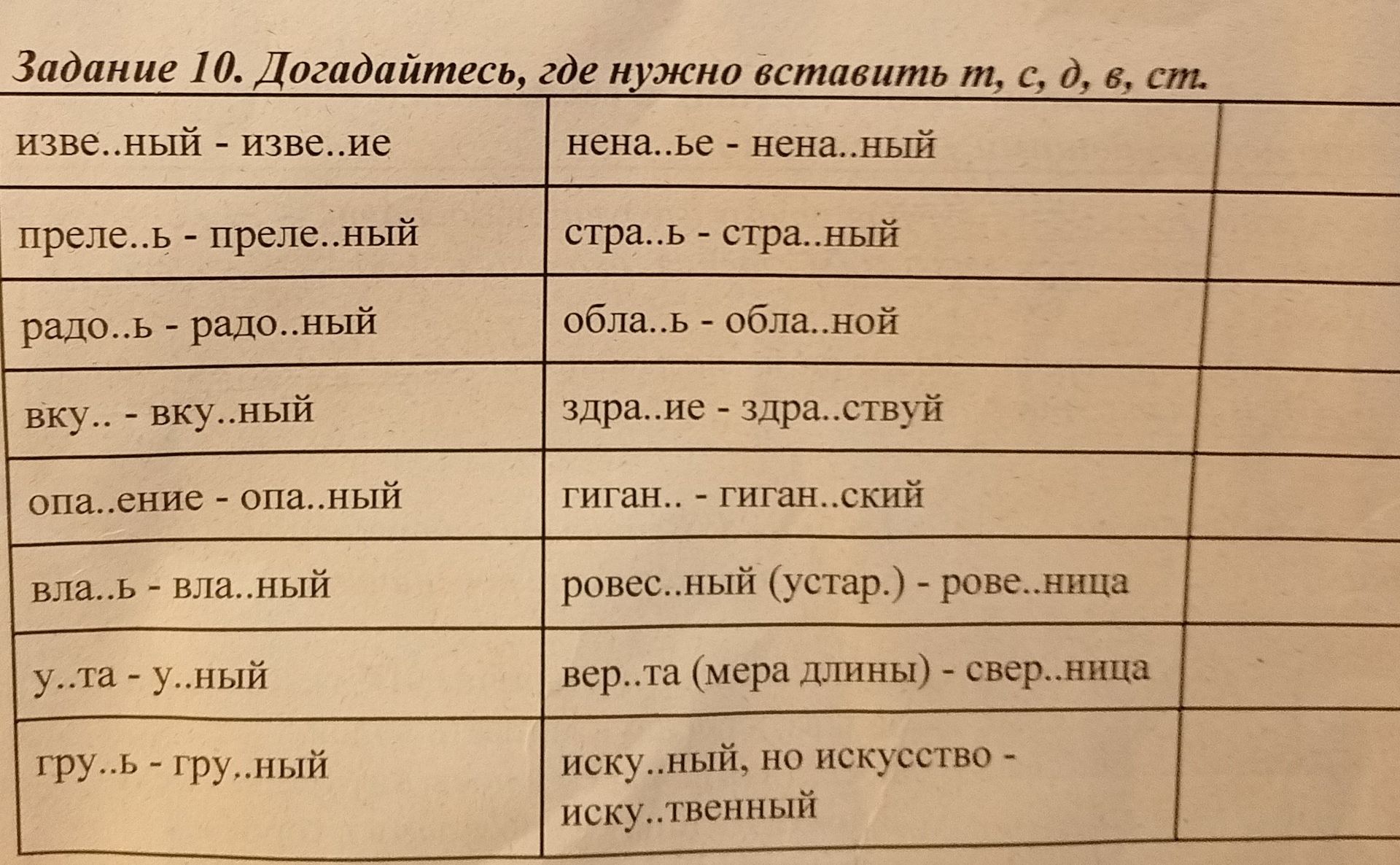 Фото задания: Задание 10. Догадайтесь, где нужно вставить т, с, д, в, ст: извe..ный — извe..ие; нена..ье — нена..ный; преле..ь —…