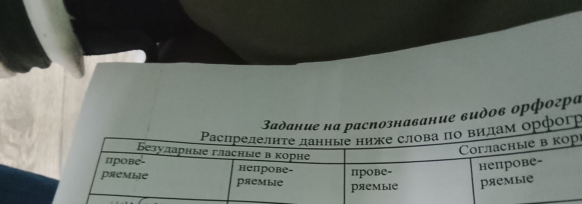 Фото задания: Задание на распознавание видов орфограмм. Распределите данные ниже слова по видам орфограмм: безударные гласные в корне —…