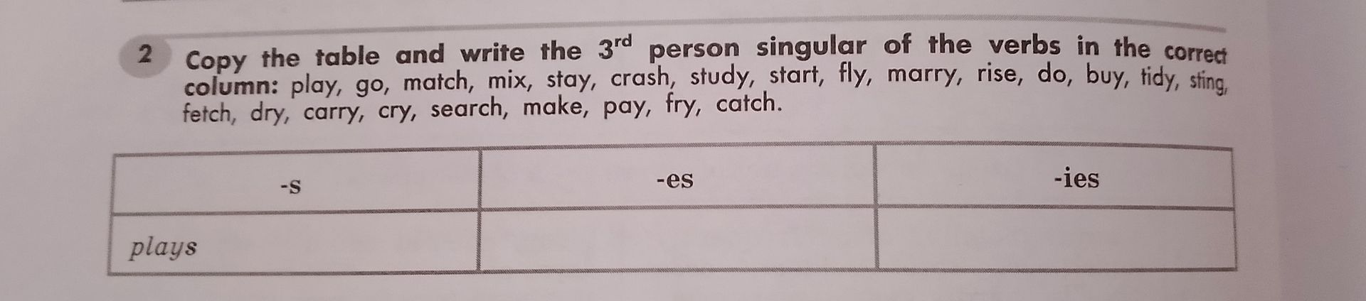 Фото задания: Copy the table and write the 3rd person singular of the verbs in the correct column: play, go, match, mix, stay, crash,…
