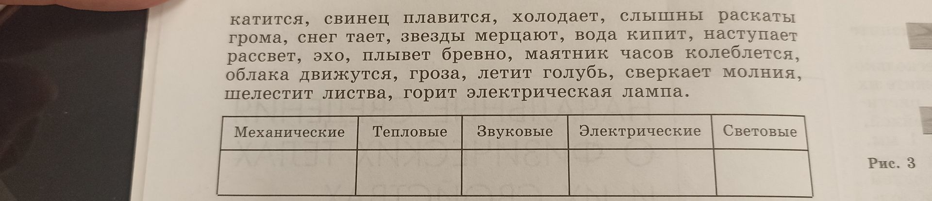 Фото задания: Распределите физические явления по группам: механические, тепловые, звуковые, электрические, световые: катится, свинец…