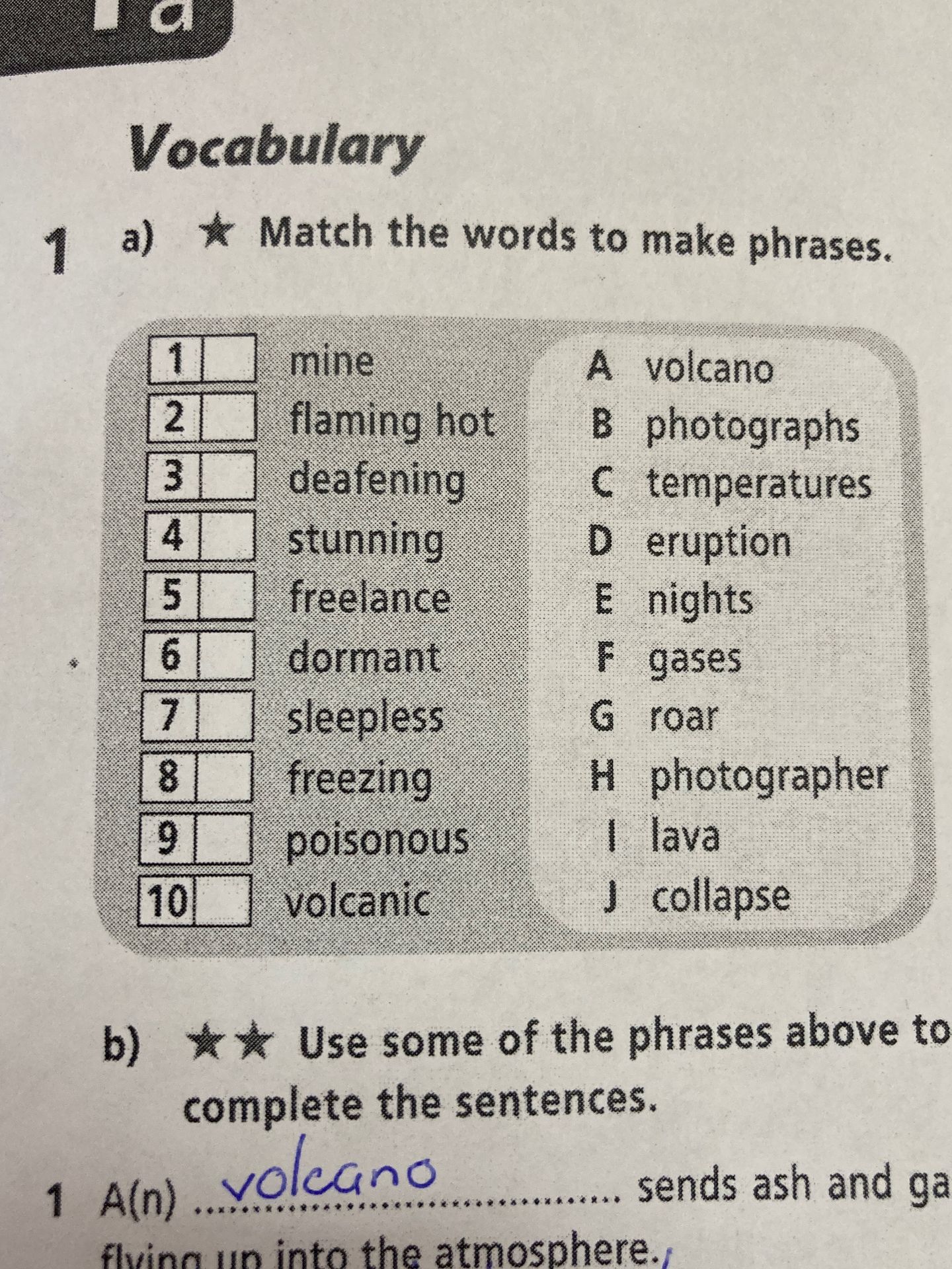 Фото задания: 1 a) Match the words to make phrases: 1 mine; 2 flaming hot; 3 deafening; 4 stunning; 5 freelance; 6 dormant; 7 sleepless;…