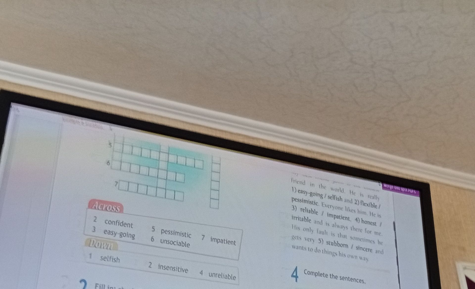 Фото задания: Complete the crossword. Across: 2 confident; 3 easy-going; 5 pessimistic; 6 unsociable; 7 impatient. Down: 1 selfish; 2…