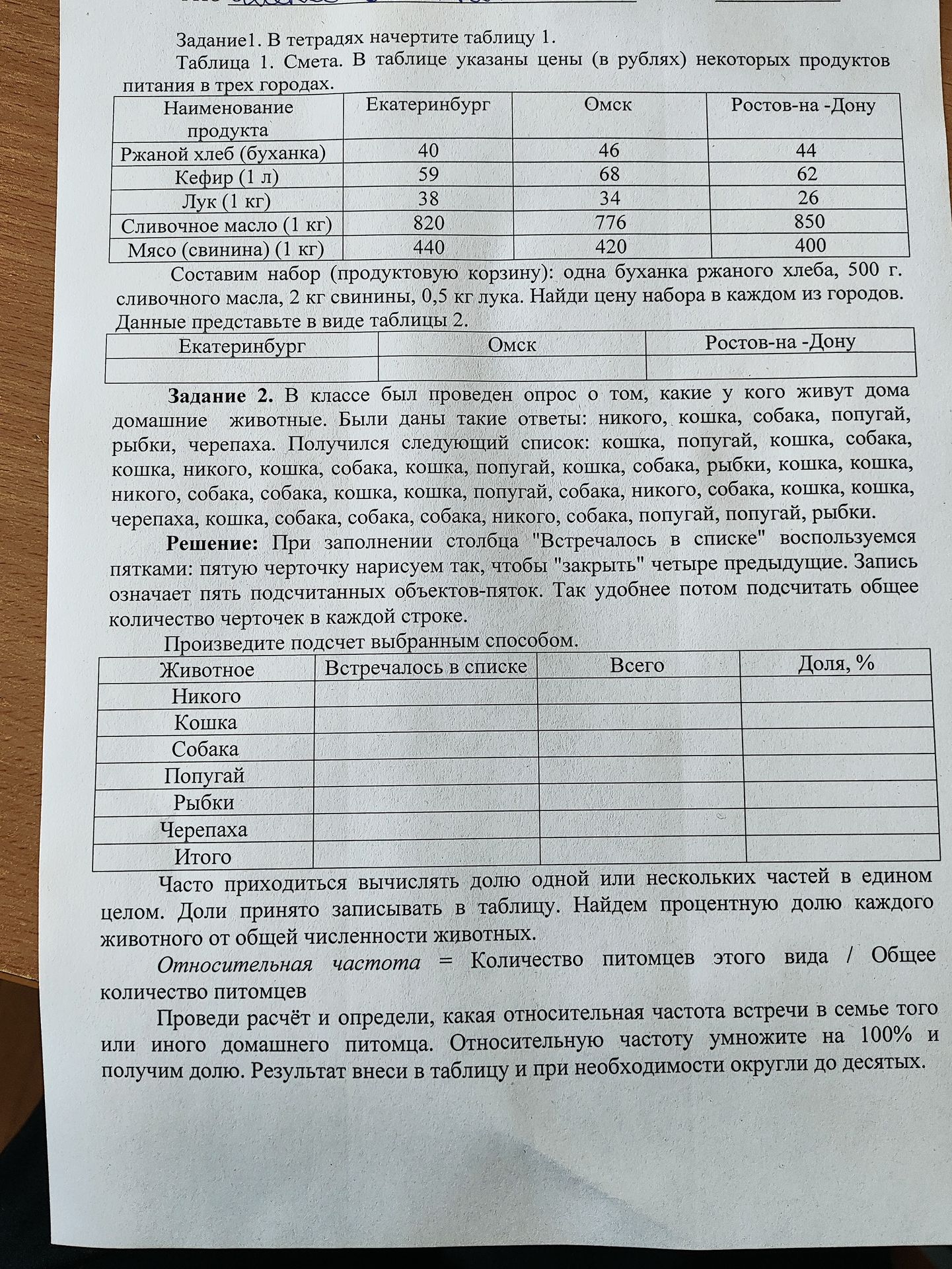 Фото задания: Задание 1. В таблице указаны цены продуктов питания в трёх городах: ржаной хлеб — Екатеринбург 40 руб., Омск 46 руб.,…