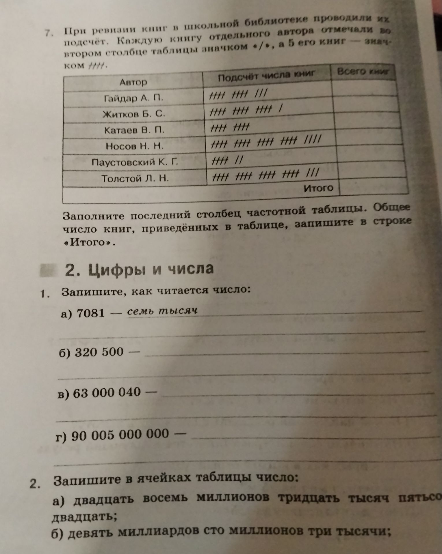 Фото задания: 2. Цифры и числа. 1. Запишите, как читается число: а) 7081; б) 320 500; в) 63 000 040; г) 90 005 000 000.