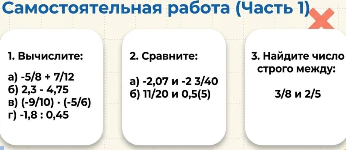 Фото задания: 1. Вычислите: а) −5/8 + 7/12; б) 2,3 − 4,75; в) (−9/10) · (−5/6); г) −1,8 : 0,45