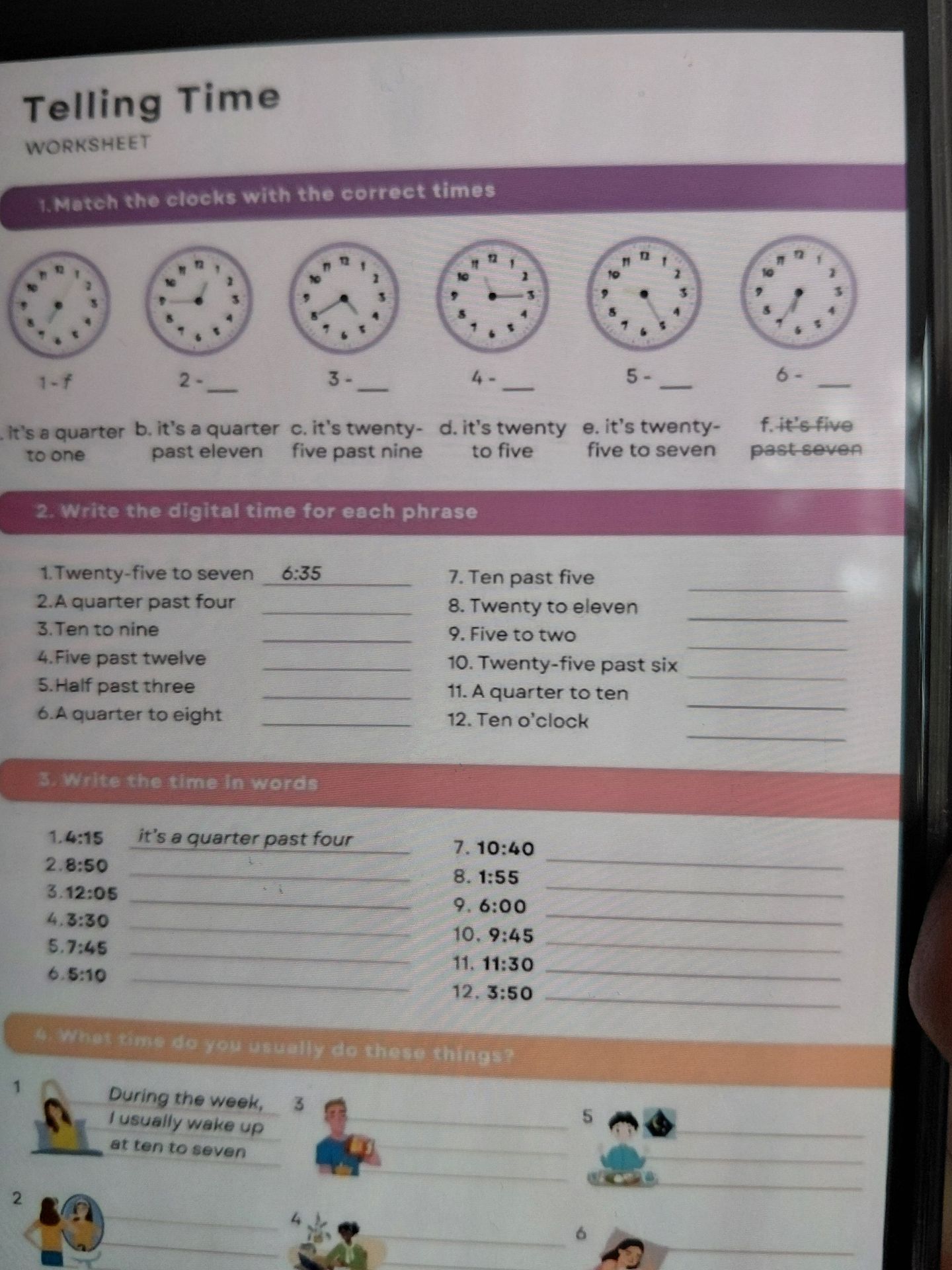 Фото задания: 1. Match the clocks with the correct times. Options: a) It’s a quarter to one. b) It’s a quarter past eleven. c) It’s…