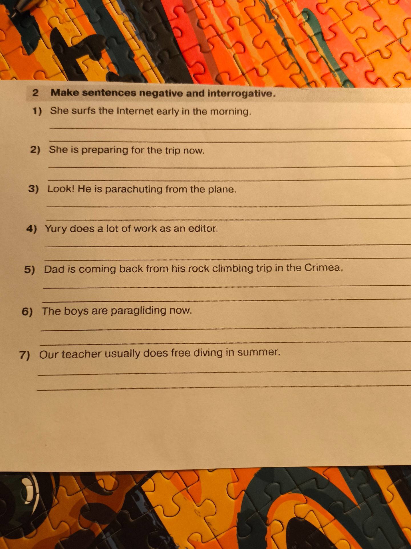 Фото задания: Make sentences negative and interrogative. 2) She is preparing for the trip now.