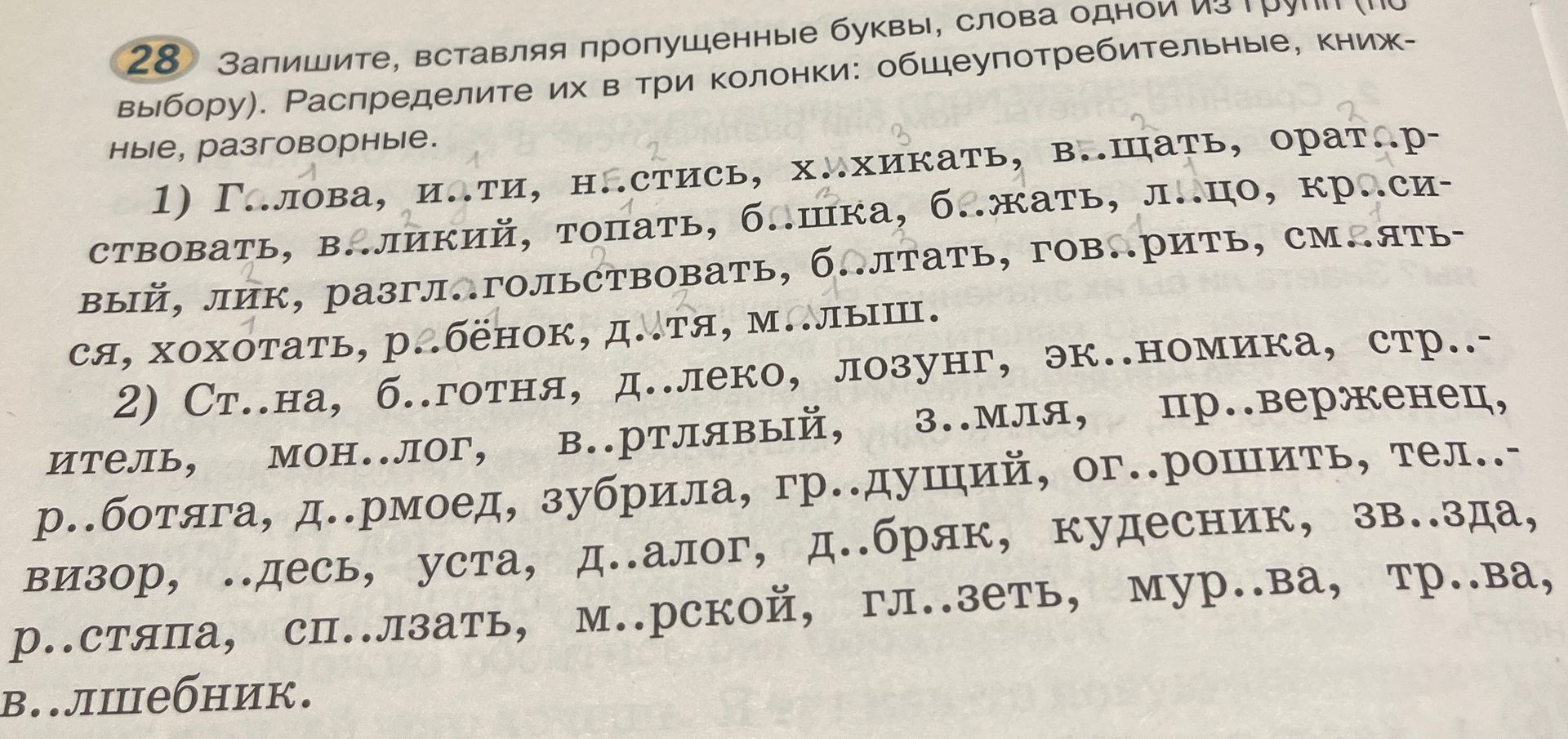 Фото задания: 28. Запишите, вставляя пропущенные буквы, слова одной из групп (по выбору). Распределите их в три колонки:…