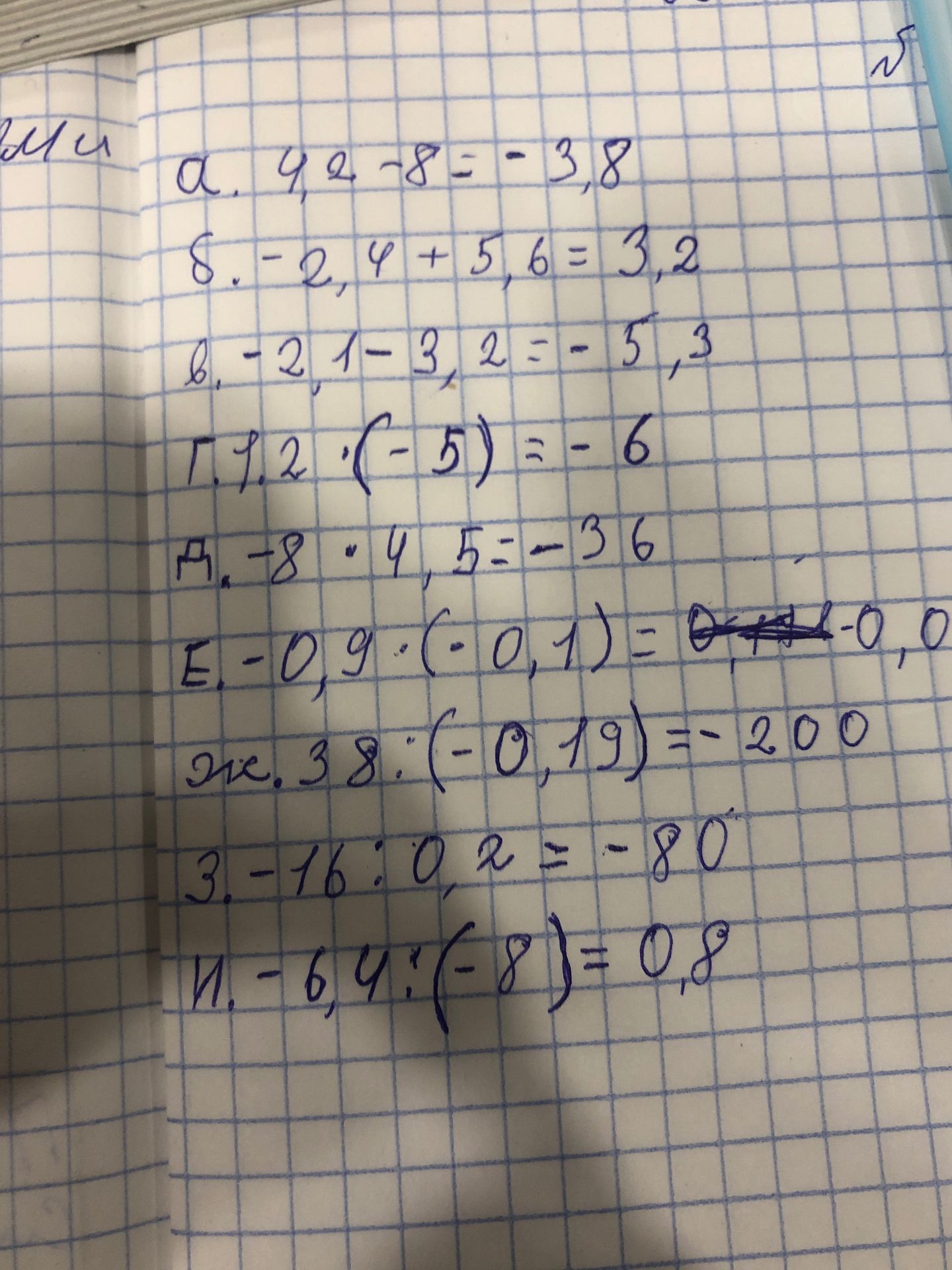 Фото задания: Вычислите: а) 4,2 − 8; б) −2,4 + 5,6; в) −2,1 − 3,2; г) 1,2 · (−5); д) −8 · 4,5; е) −0,9 · (−0,1); ж) 38 : (−0,19); з) −76…