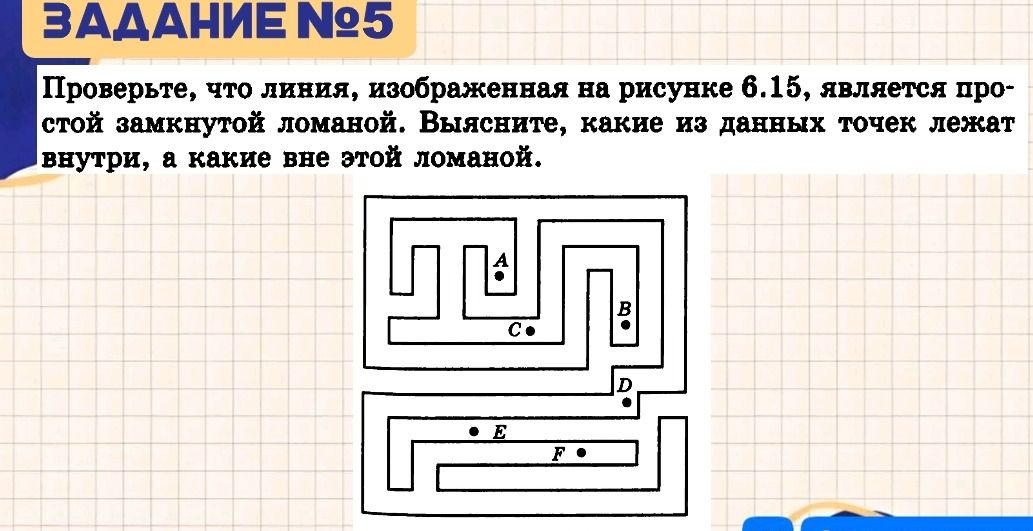 Фото задания: Проверьте, что линия, изображенная на рисунке 6.15, является простой замкнутой ломаной. Выясните, какие из данных точек лежат…