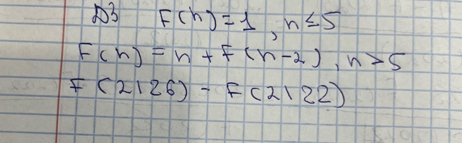 Фото задания: № 3. Дана функция: F(n)=1, n≤5; F(n)=n+F(n−2), n>5. Найдите F(2126)−F(2122).