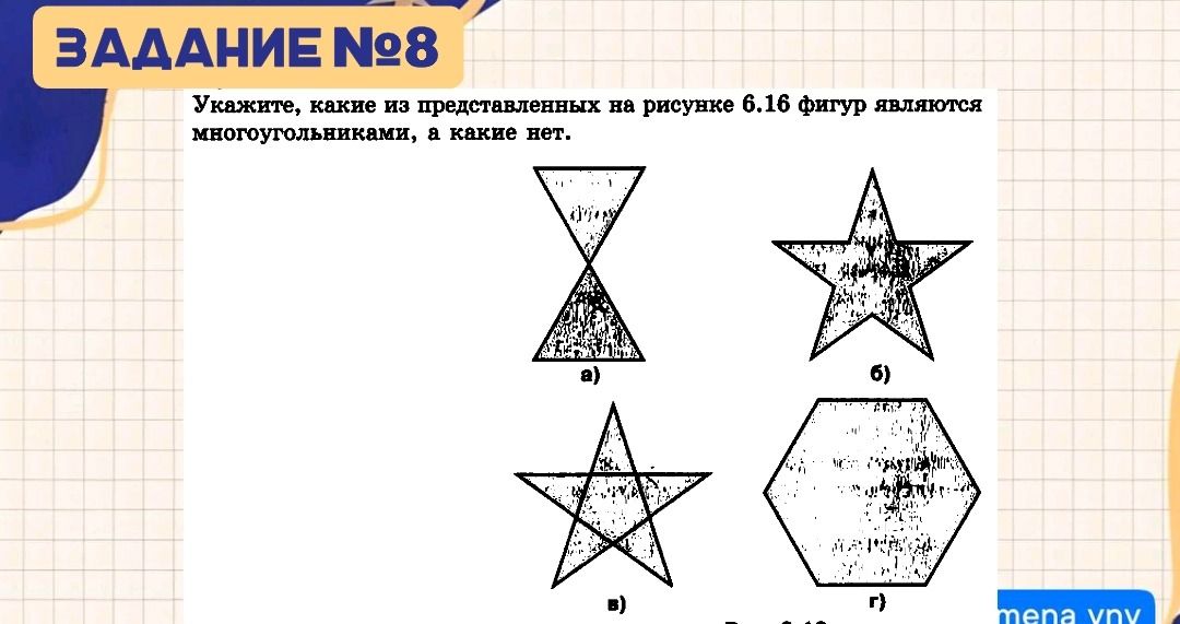 Фото задания: Укажите, какие из представленных на рисунке 6.16 фигур являются многоугольниками, а какие нет: а), б), в), г).
