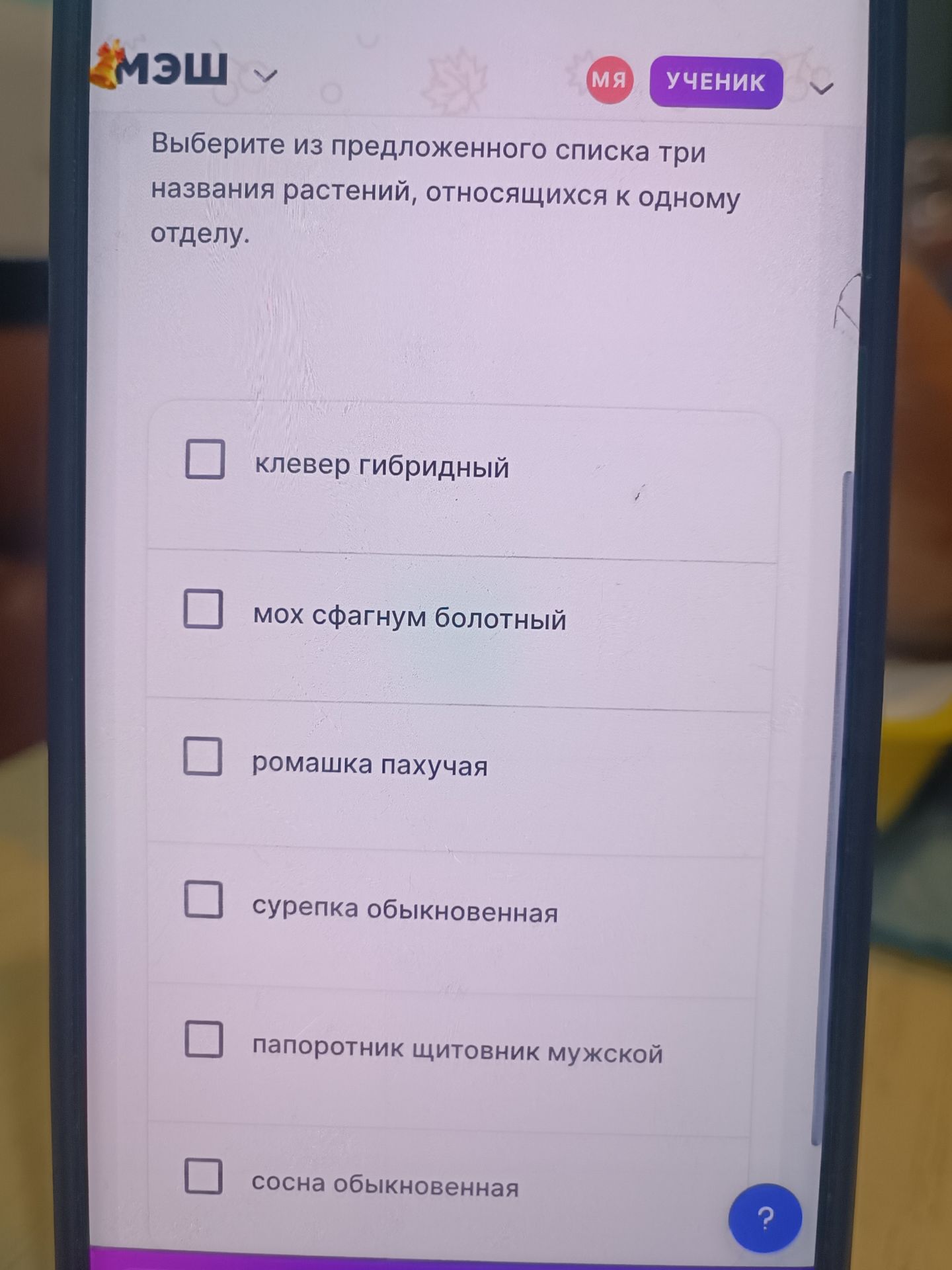 Фото задания: Выберите из предложенного списка три названия растений, относящихся к одному отделу: клевер гибридный; мох сфагнум…