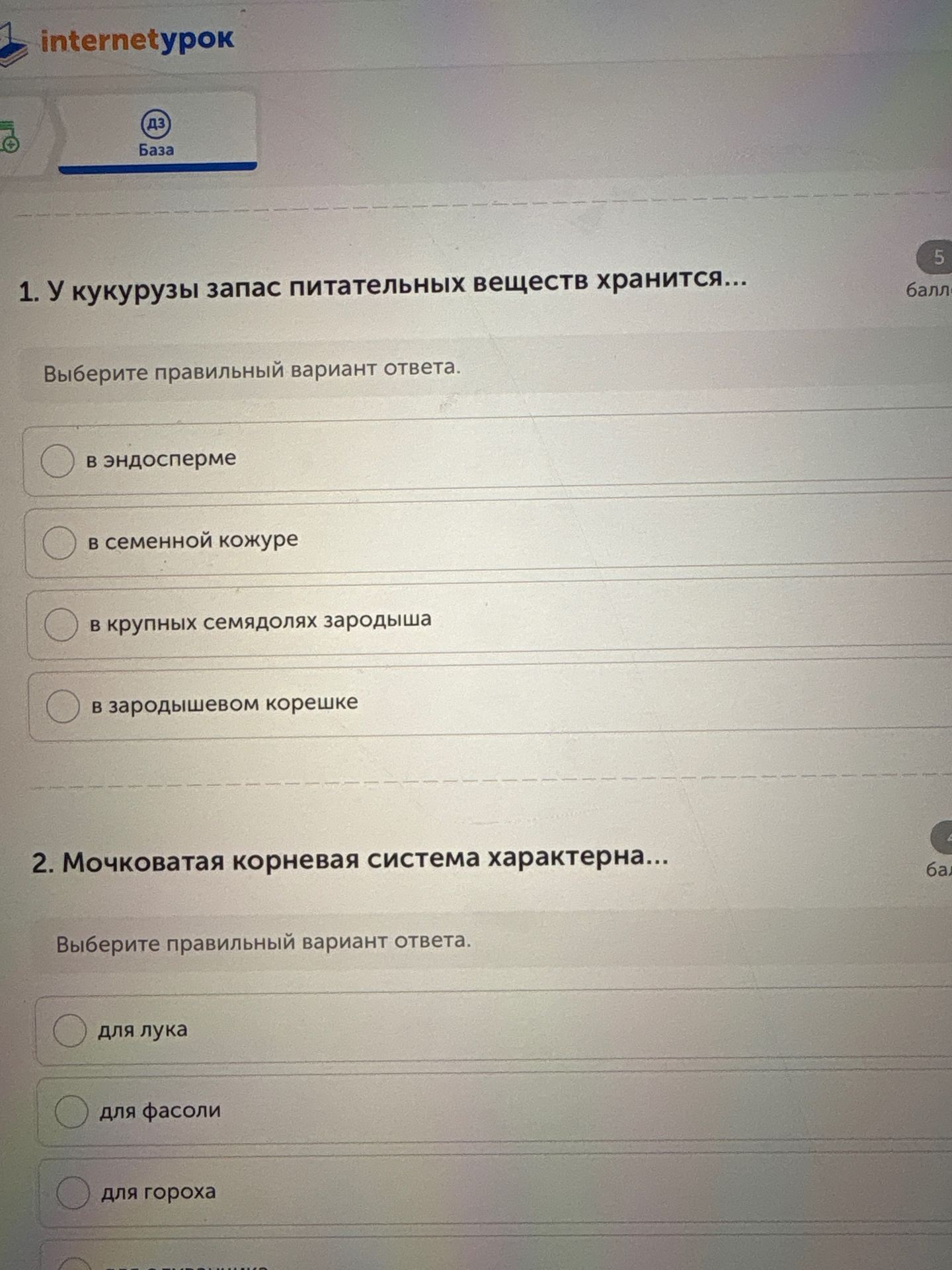 Фото задания: 1. У кукурузы запас питательных веществ хранятся… Выберите правильный вариант ответа: в эндосперме; в семенной кожуре; в…